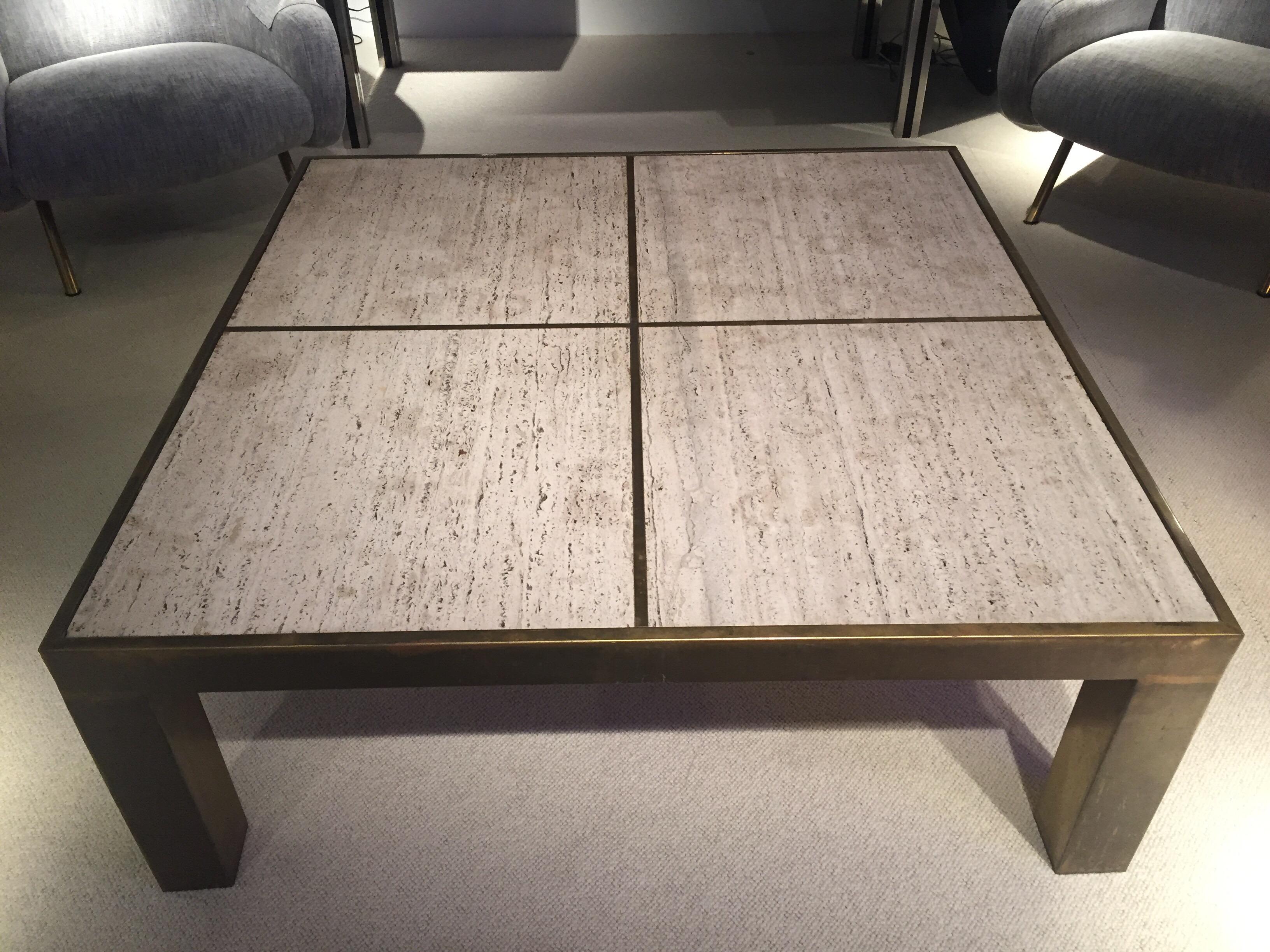 1970s Brass Coffee Table and Travertine Top In Distressed Condition In Saint-Ouen, FR