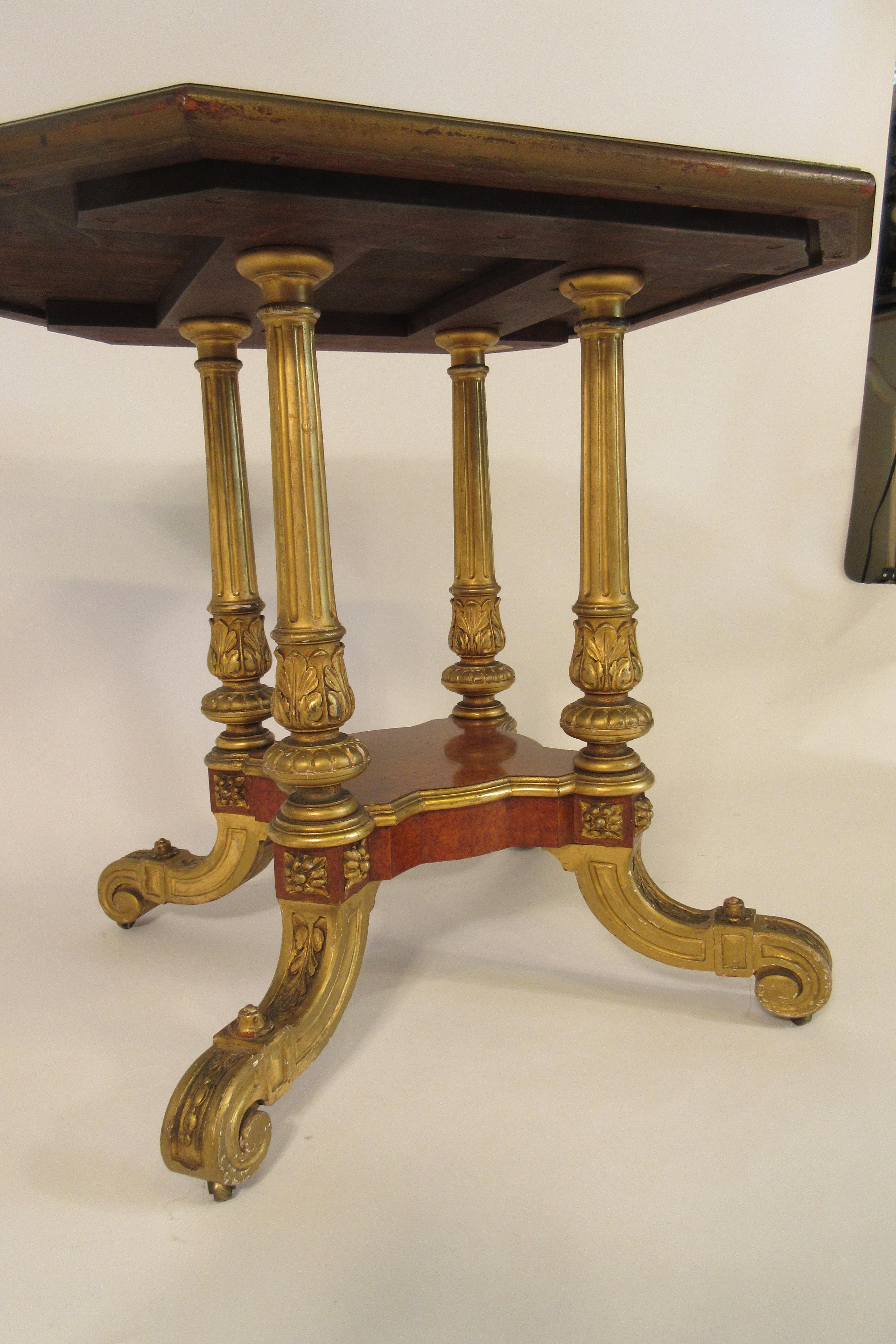 1880s French Gilt Carved Wood Table with Leather Top 1