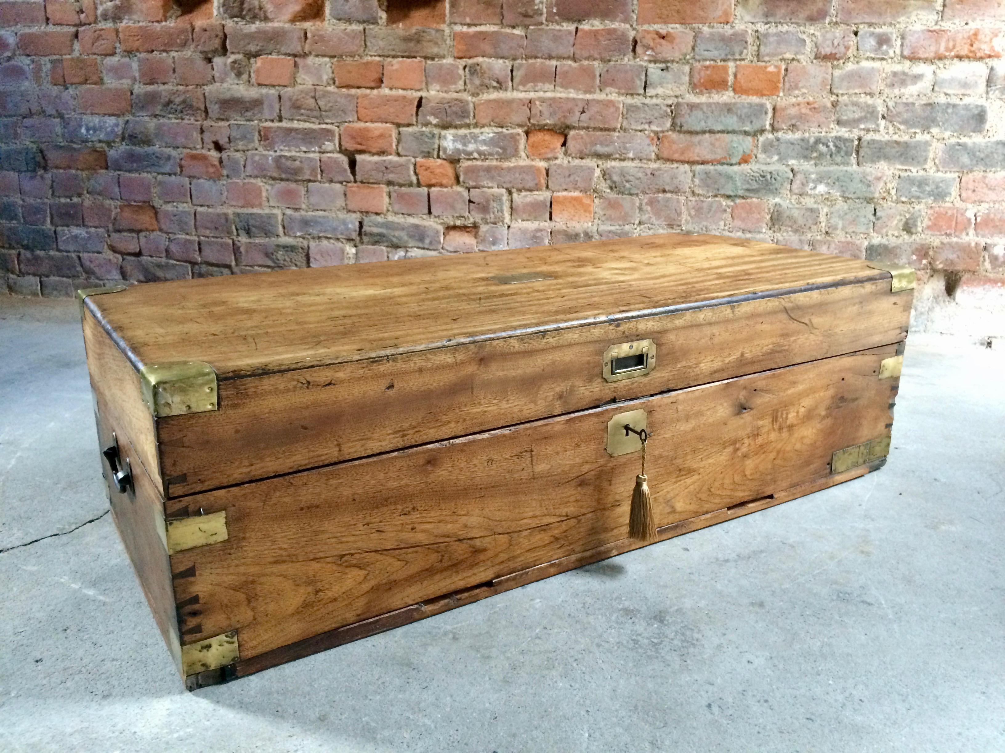 Late 19th Century Large Antique Campaign Travel Trunk Chest Coffer Teak Victorian, 19th Century
