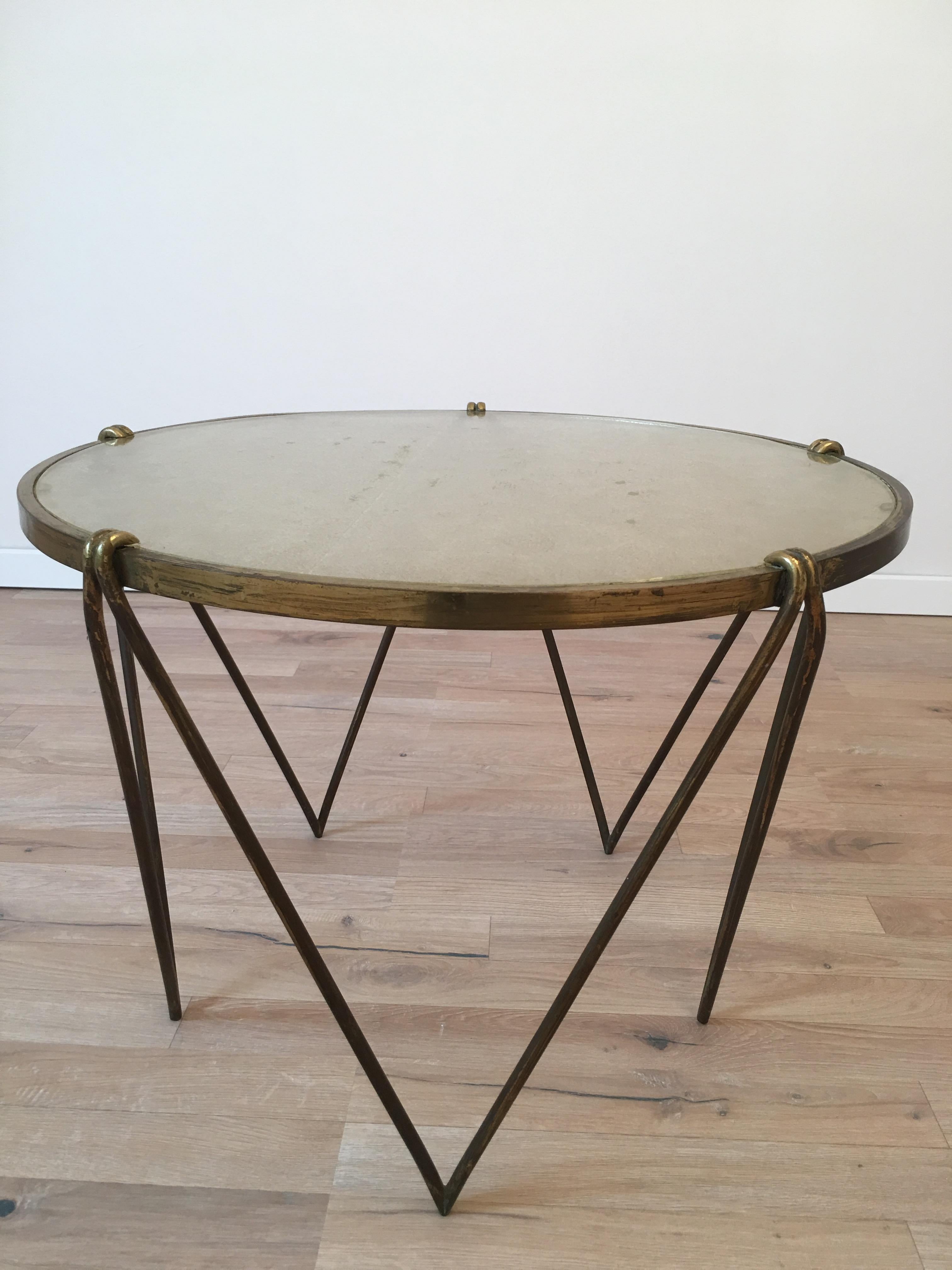Jean Royere Style 1950s Gueridon, Gilt Metal Frame, Saint Gobain Slab Glass Top In Good Condition For Sale In Aix En Provence, FR
