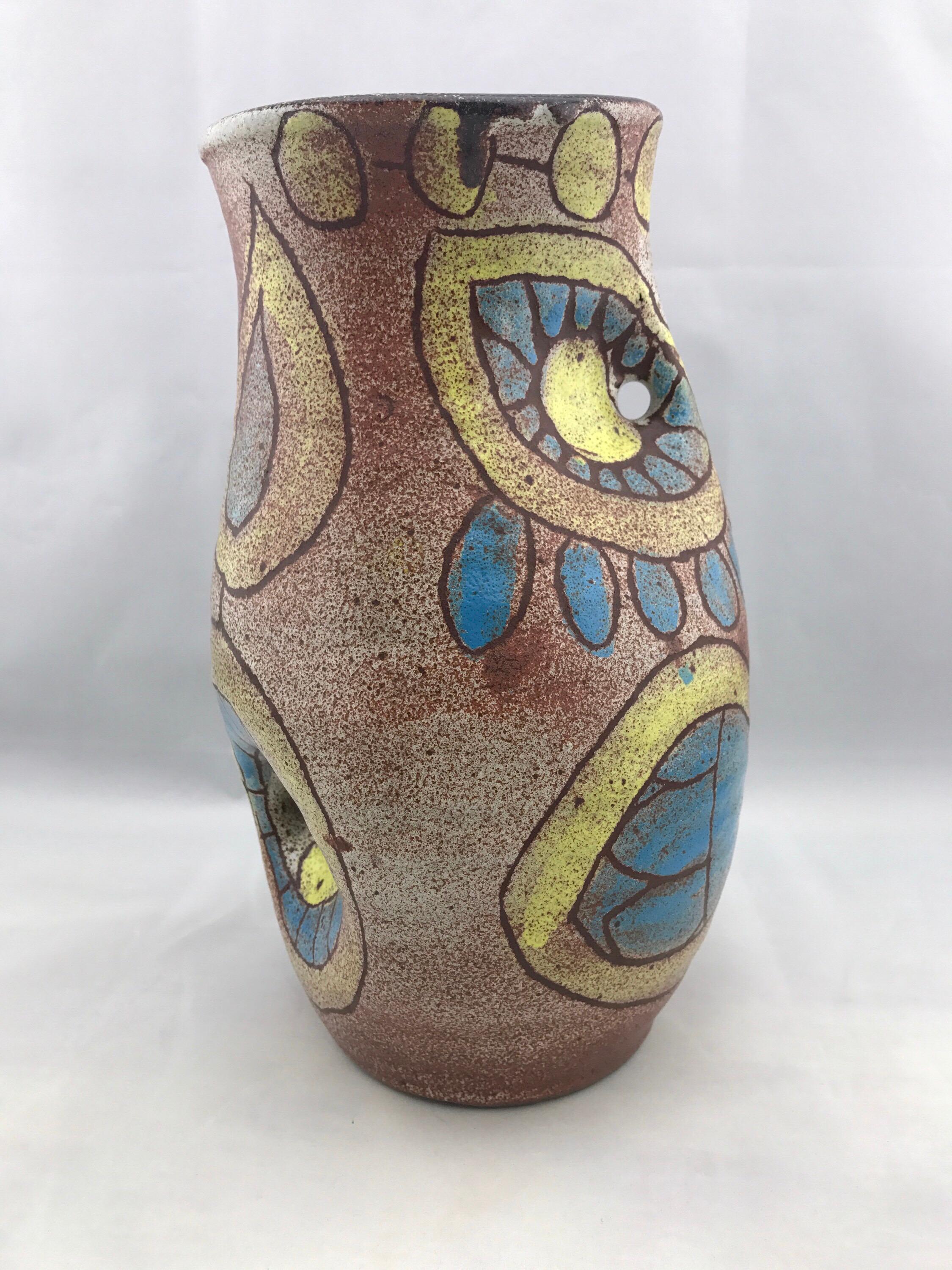 Ceramic Mid-Century Modern French Vase by Accolay, Vintage Blue & Yellow Modernist Owl