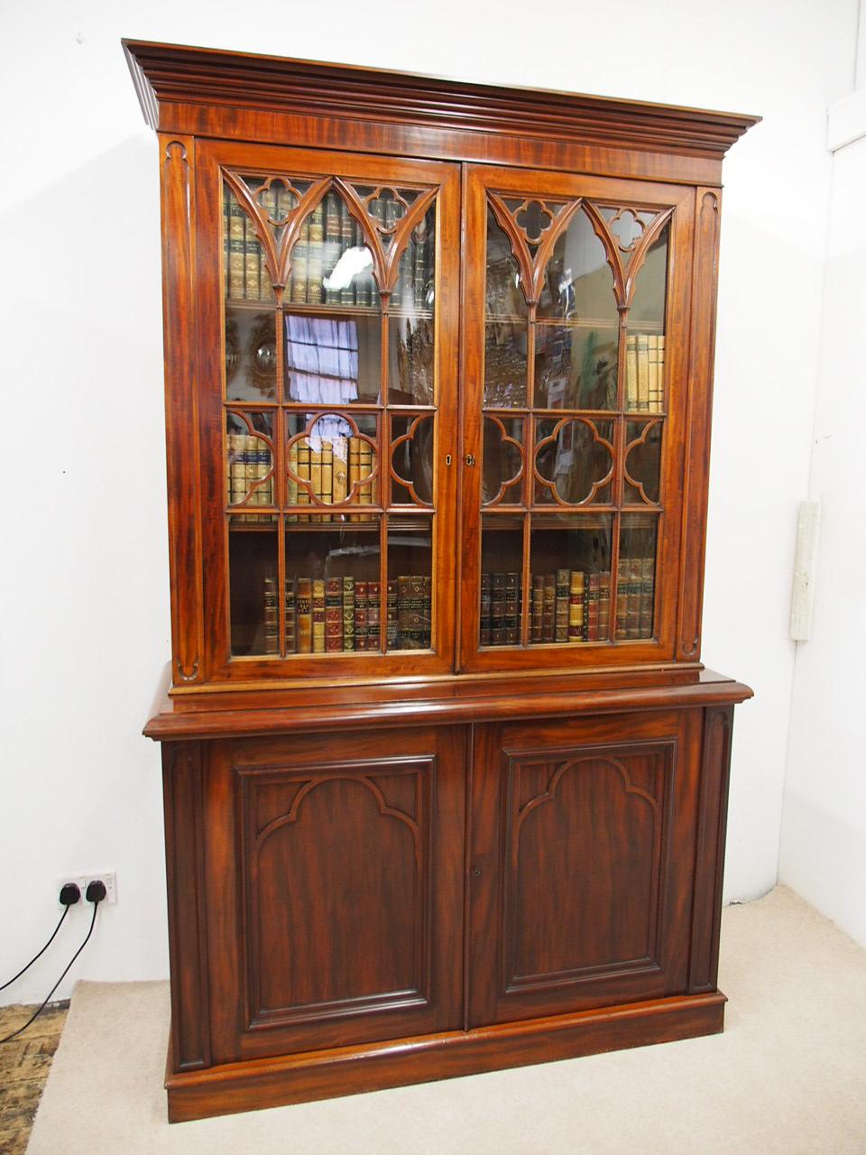 19th Century Gothic Style Mahogany Cabinet Bookcase For Sale