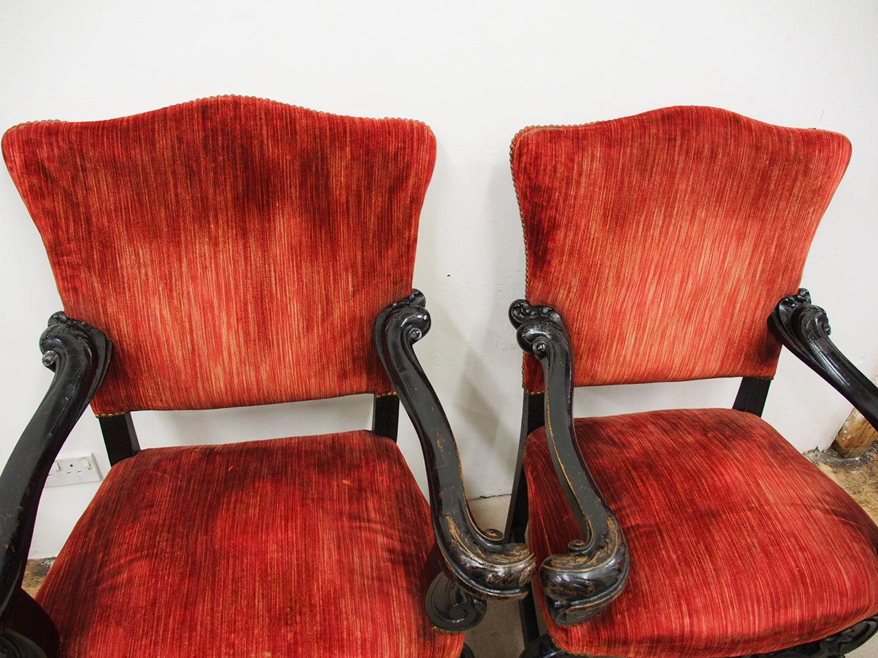Velvet Pair of Italian 19th Century Ebonised Armchairs For Sale