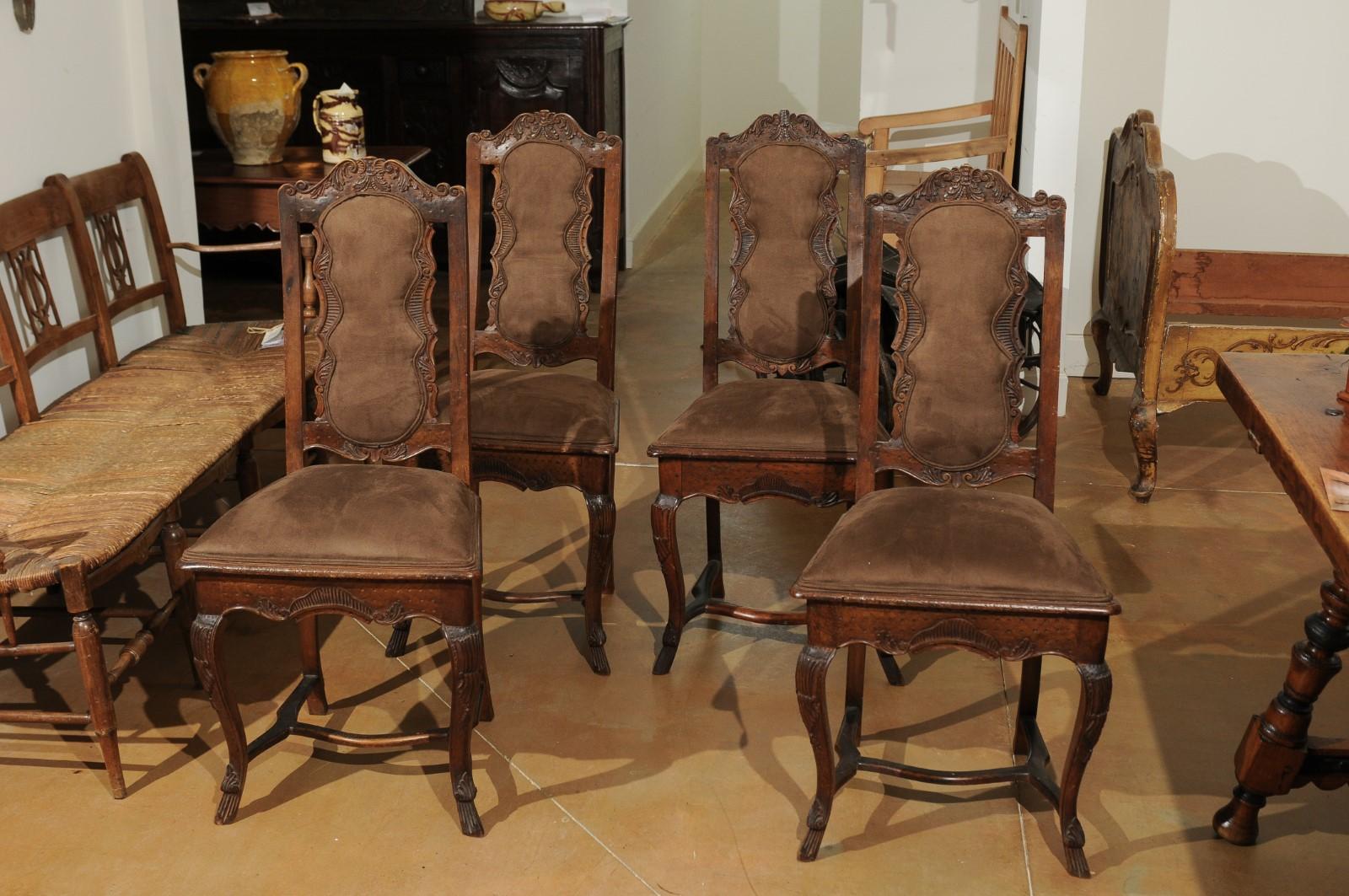 Italian 18th Century Roman Rococo Dining Room Side Chairs with Suede Upholstery In Good Condition In Atlanta, GA