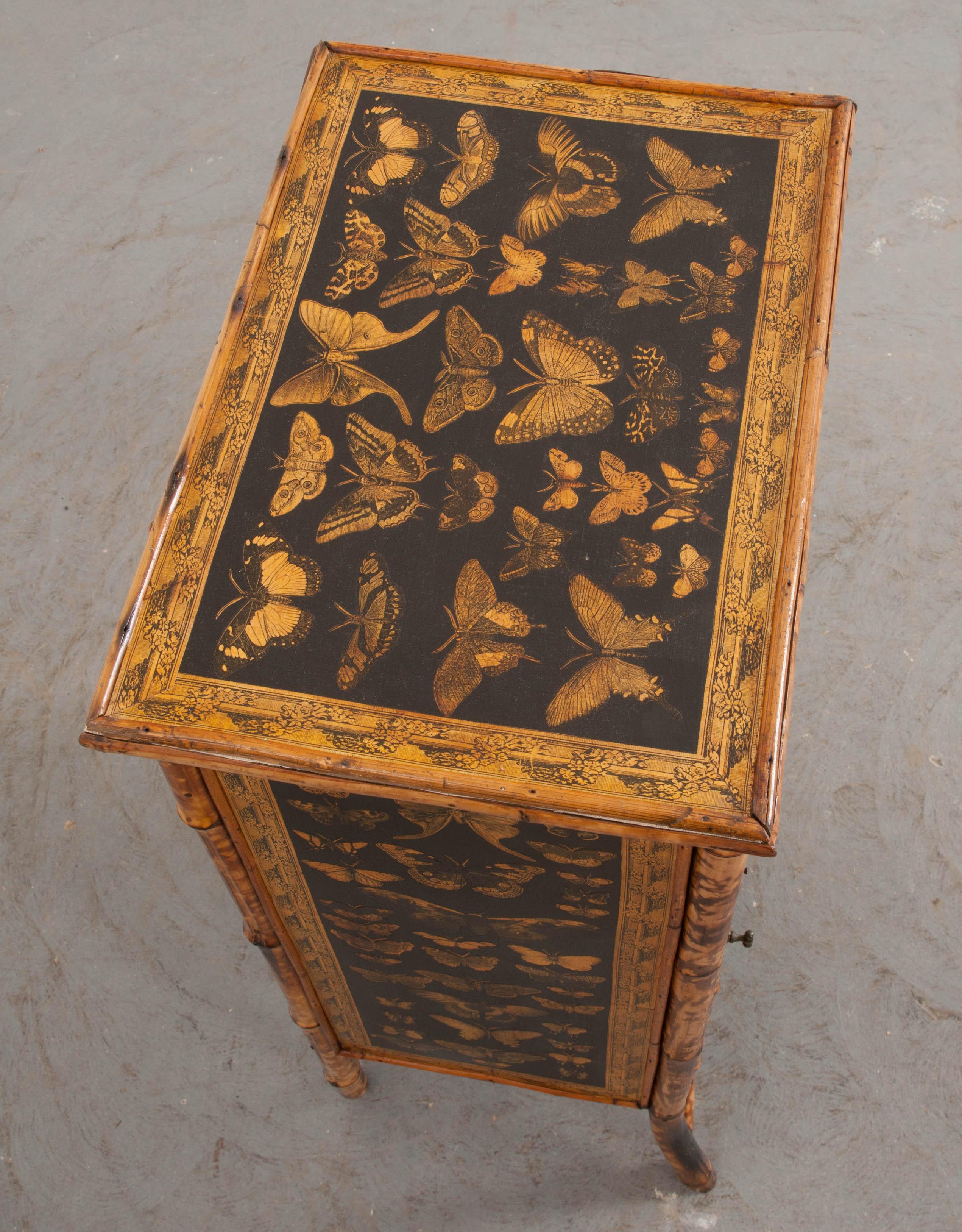 Paper English 19th Century Découpage Moth Bamboo Cabinet