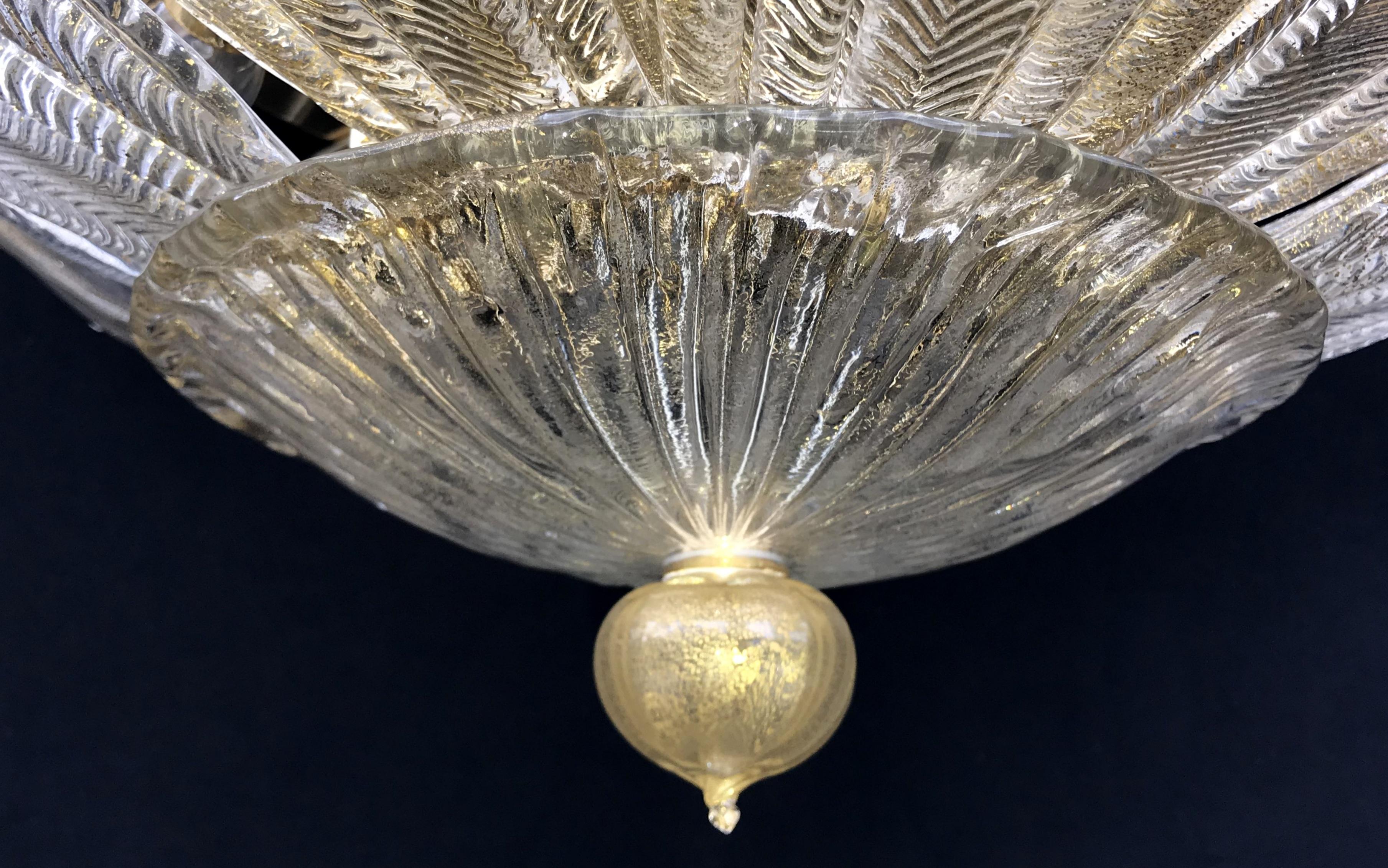 Mid-Century Modern Italian Leaf Clear & Gold Murano Glass Flush Mount Chandelier 1