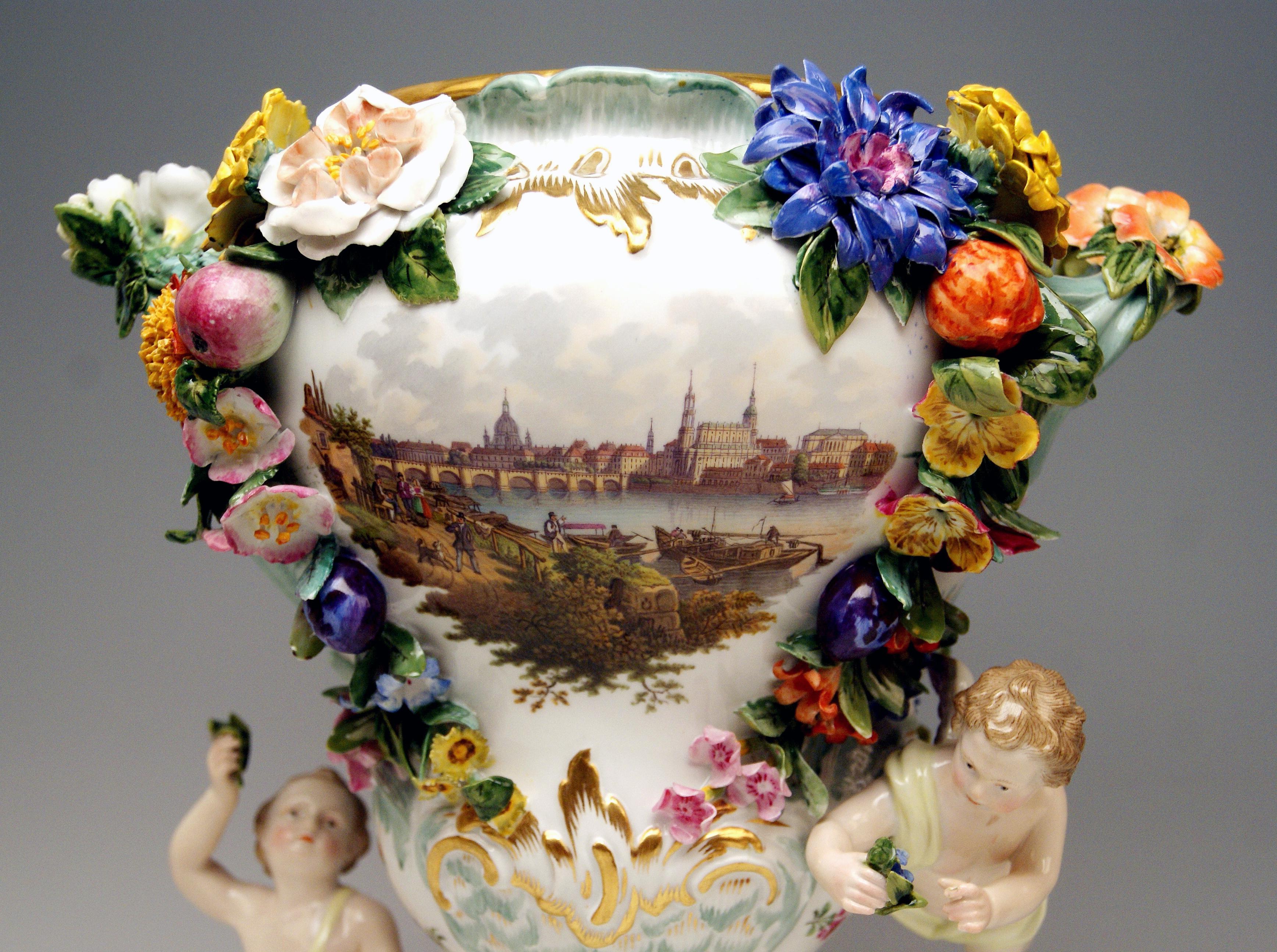 Late 19th Century Meissen Two Potpourri Vases 2707 Painted Pictures Cherubs Flowers Kaendler 1870