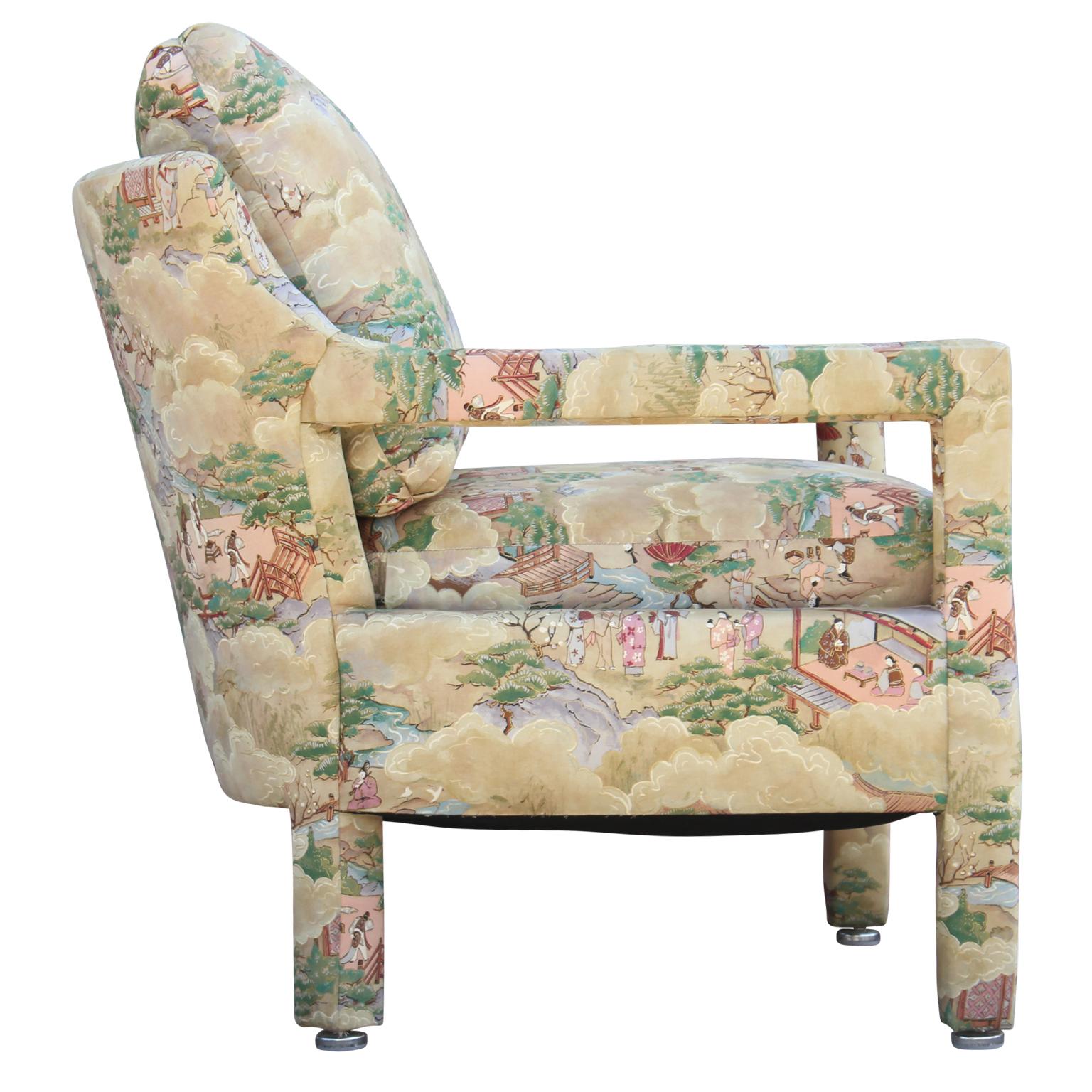 Set of Two Modern Barrel Back Lounge Chairs with Chinoiserie Landscape Fabric 1