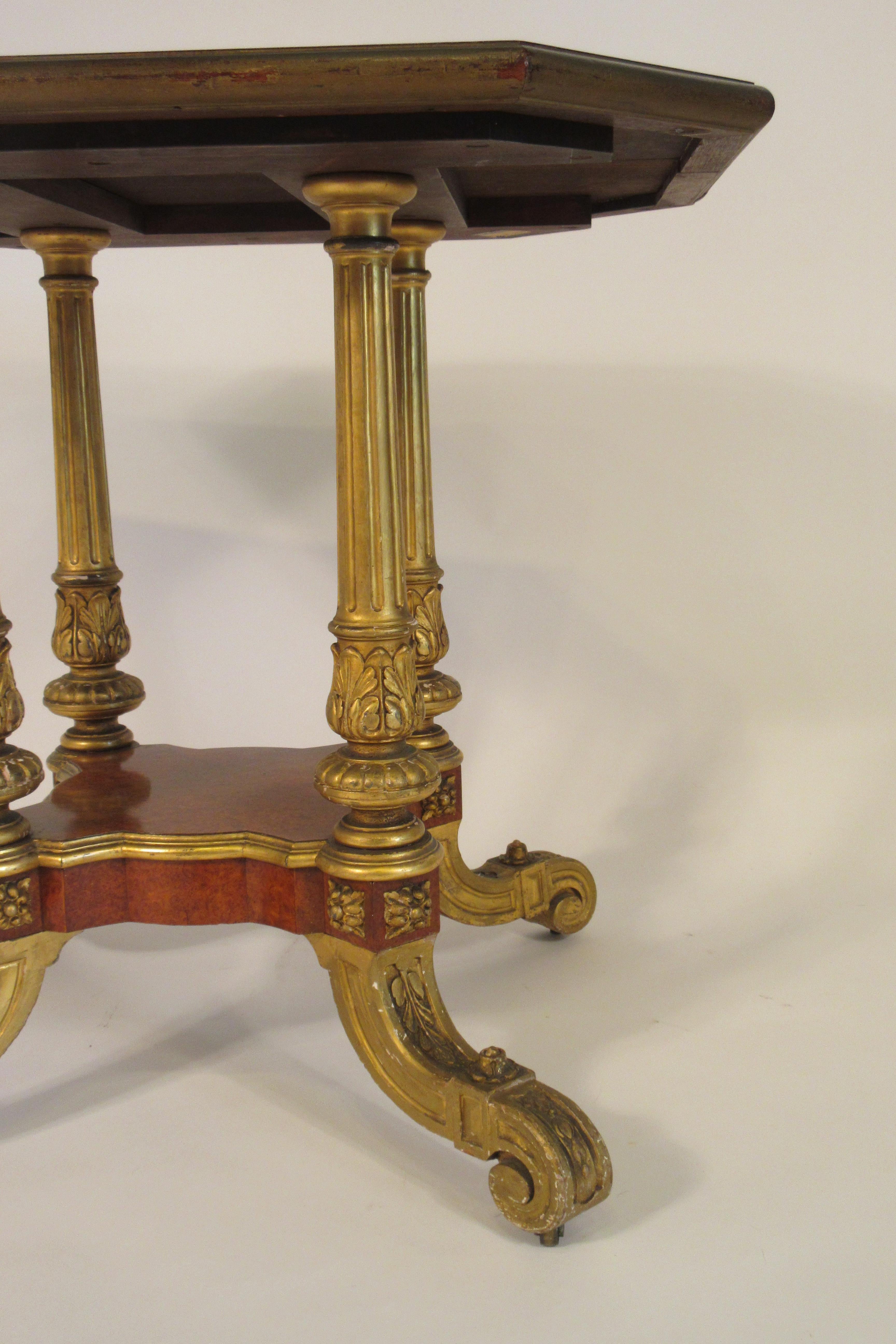 1880s French Gilt Carved Wood Table with Leather Top 2