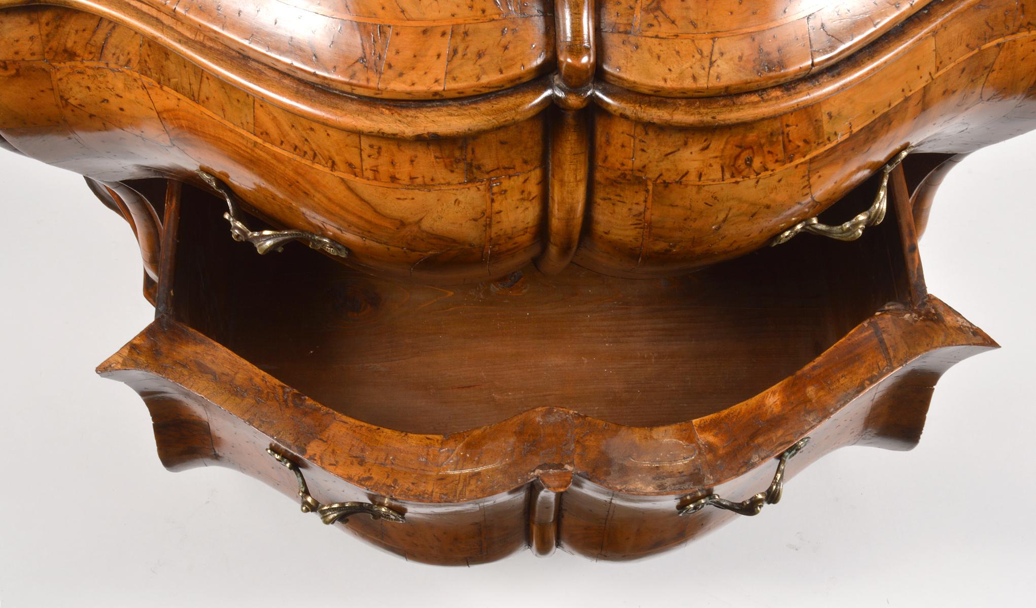 Bronze Early 20th Century Italian Sculptural Olive Wood Parquetry Bombe Commode