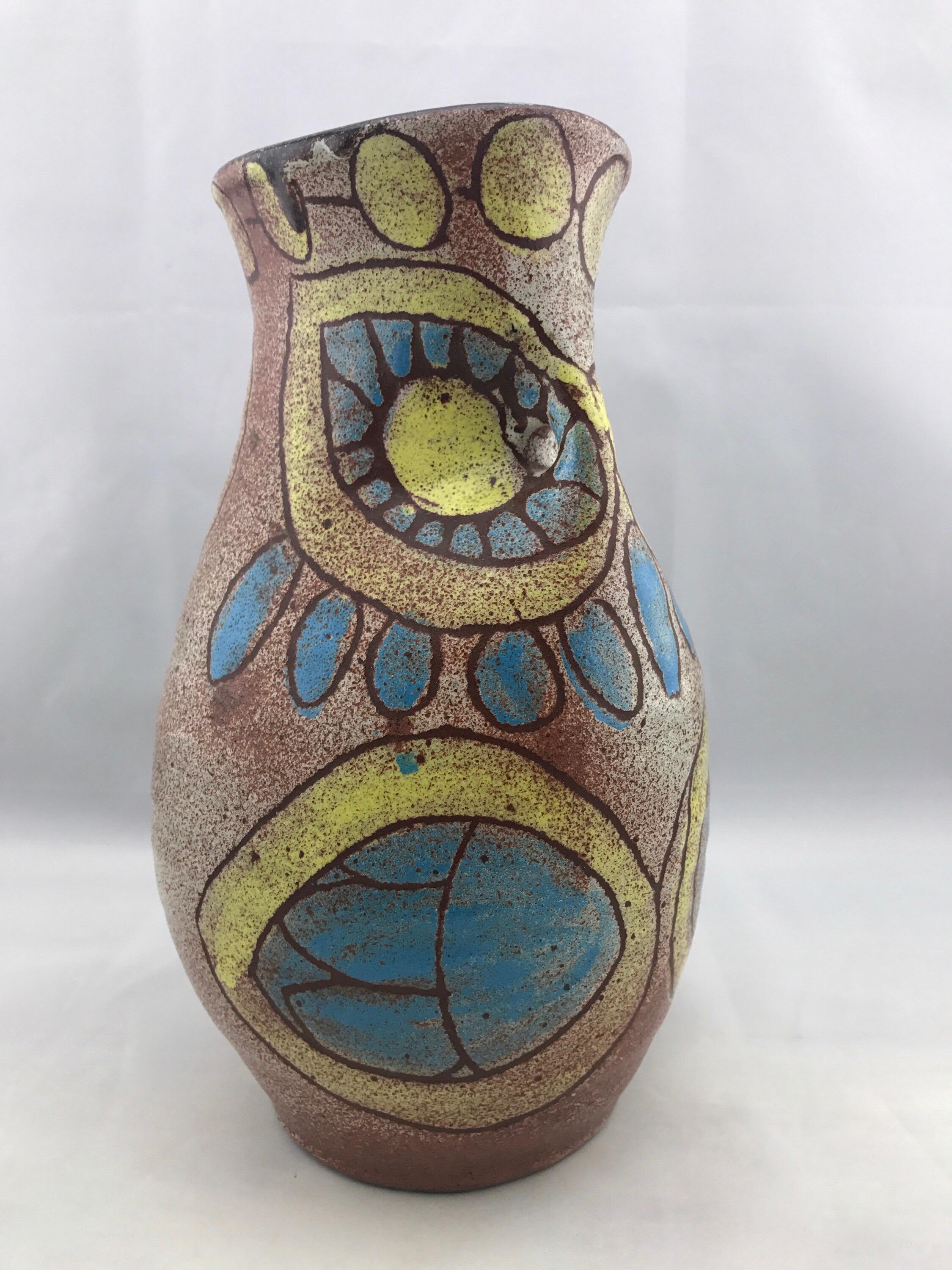 Mid-Century Modern French Vase by Accolay, Vintage Blue & Yellow Modernist Owl 1