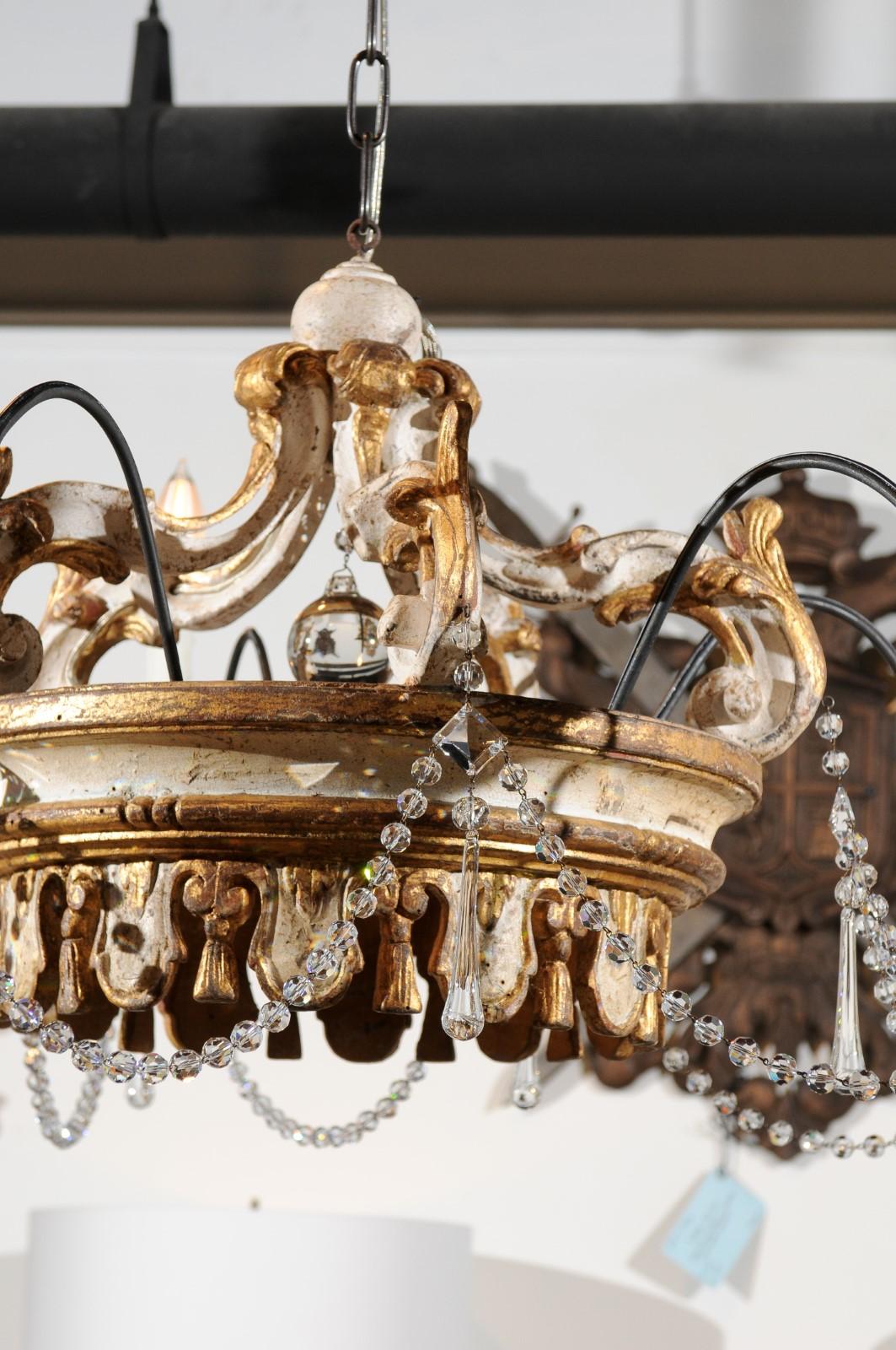 Contemporary Rococo Style Five-Light Crystal Parcel-Gilt Crown Chandelier with Swoop Arms