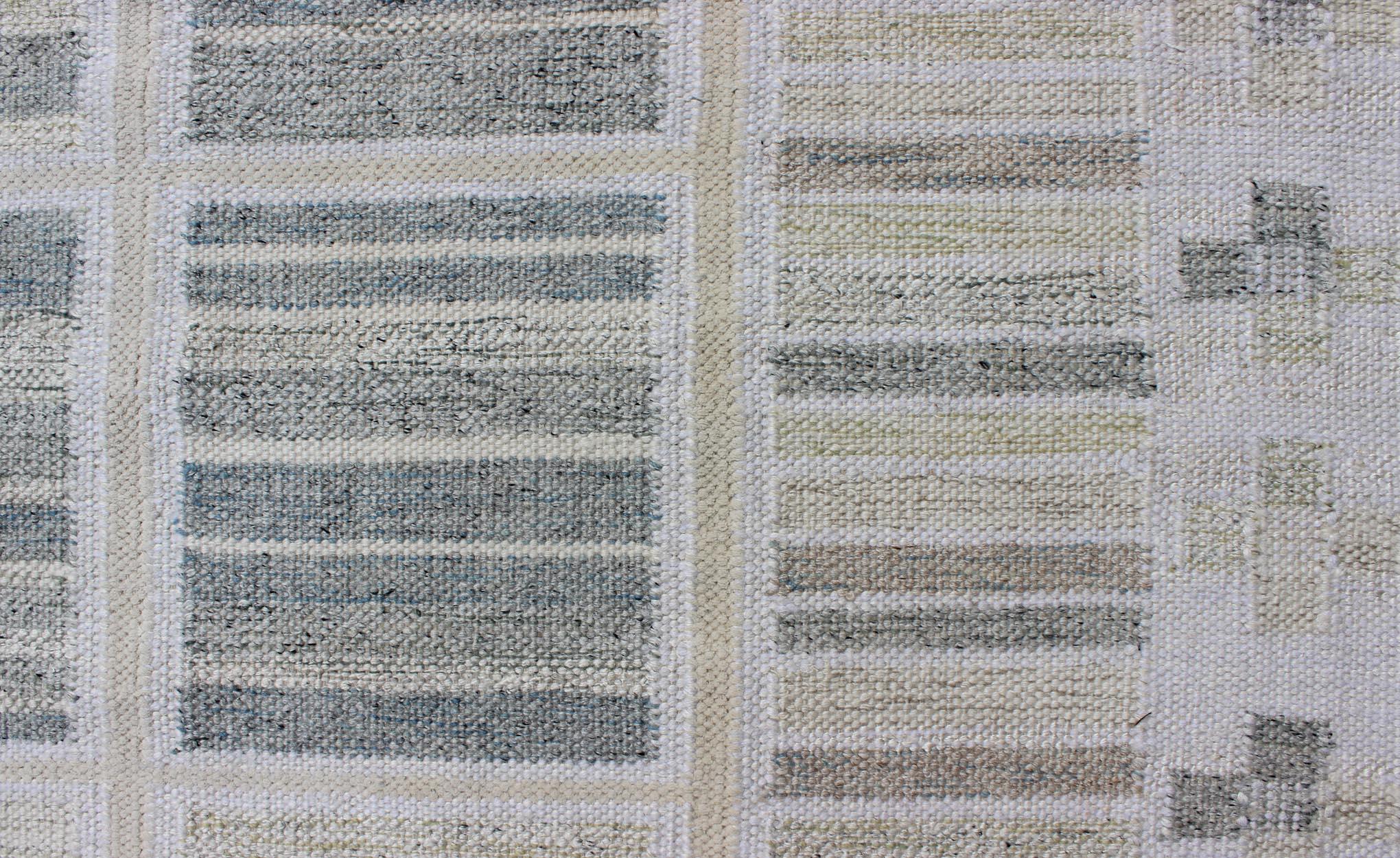Hand-Woven Neutral Stripe Pattern Modern Scandinavian Flat-Weave Rug in Shades of Gray For Sale