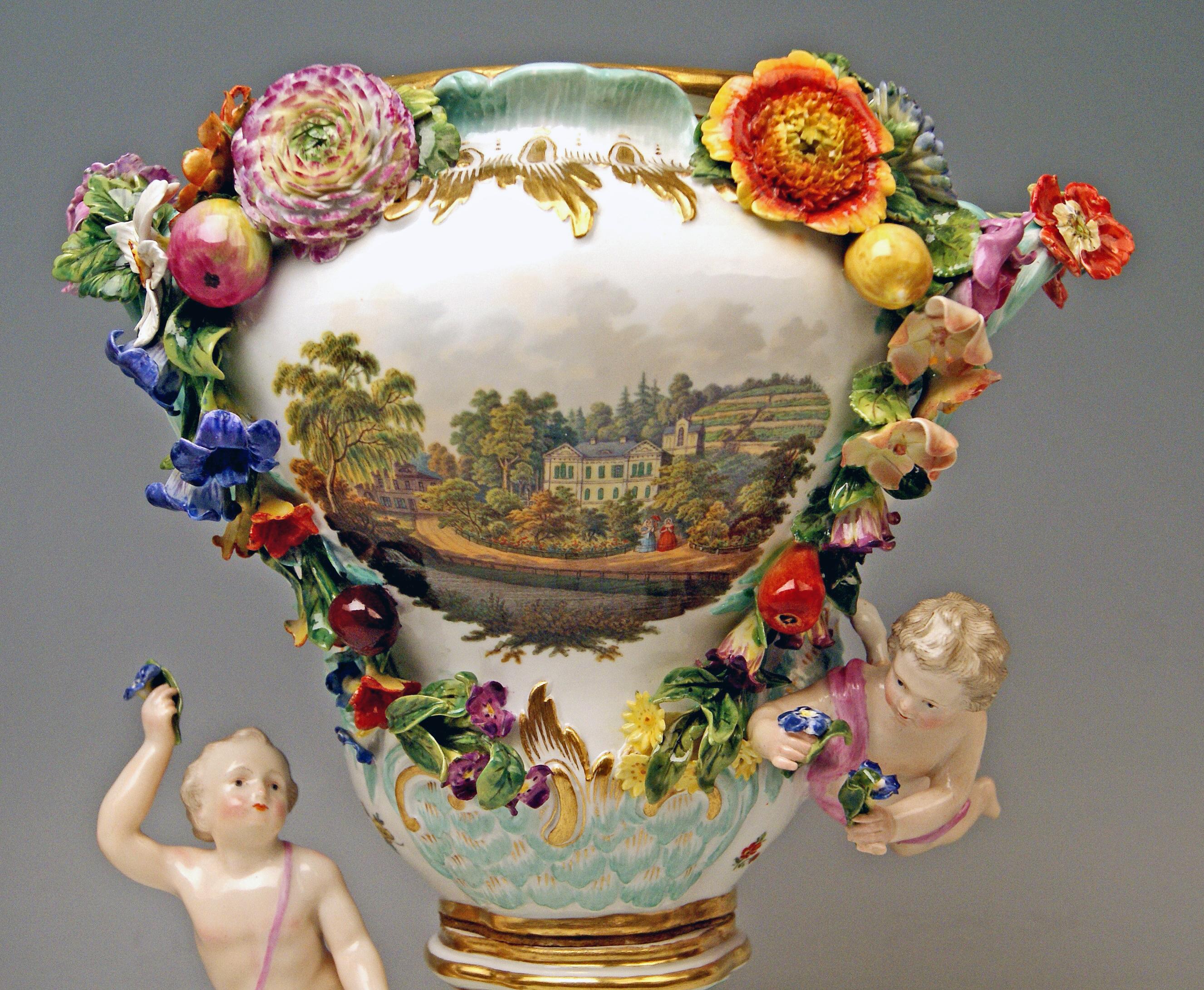 Porcelain Meissen Two Potpourri Vases 2707 Painted Pictures Cherubs Flowers Kaendler 1870