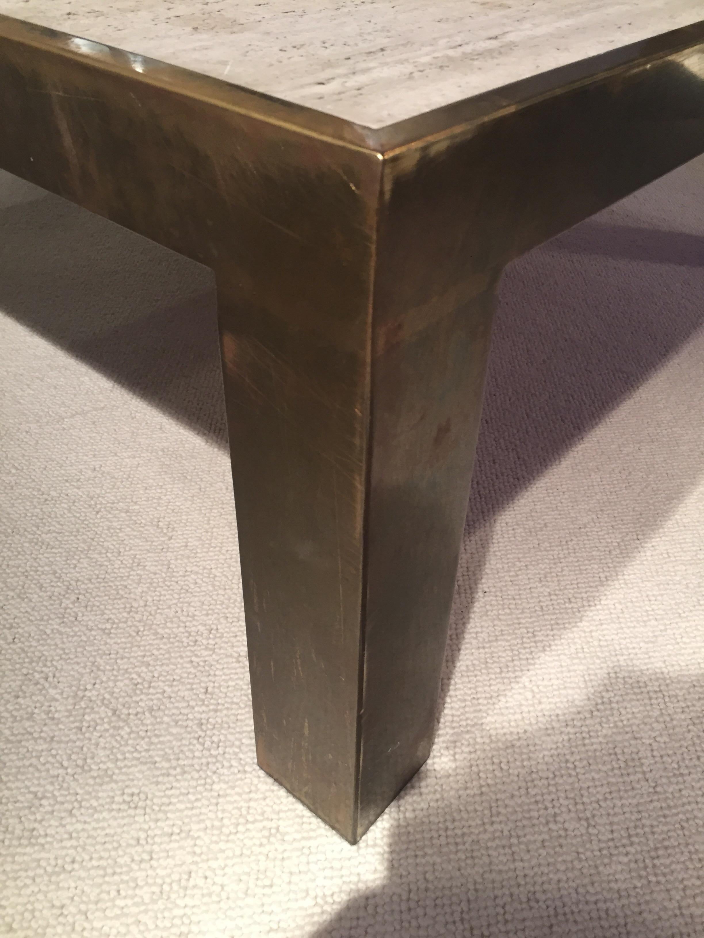 1970s Brass Coffee Table and Travertine Top 1