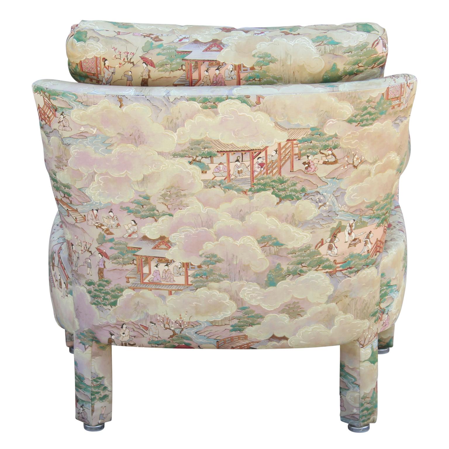 Set of Two Modern Barrel Back Lounge Chairs with Chinoiserie Landscape Fabric 2
