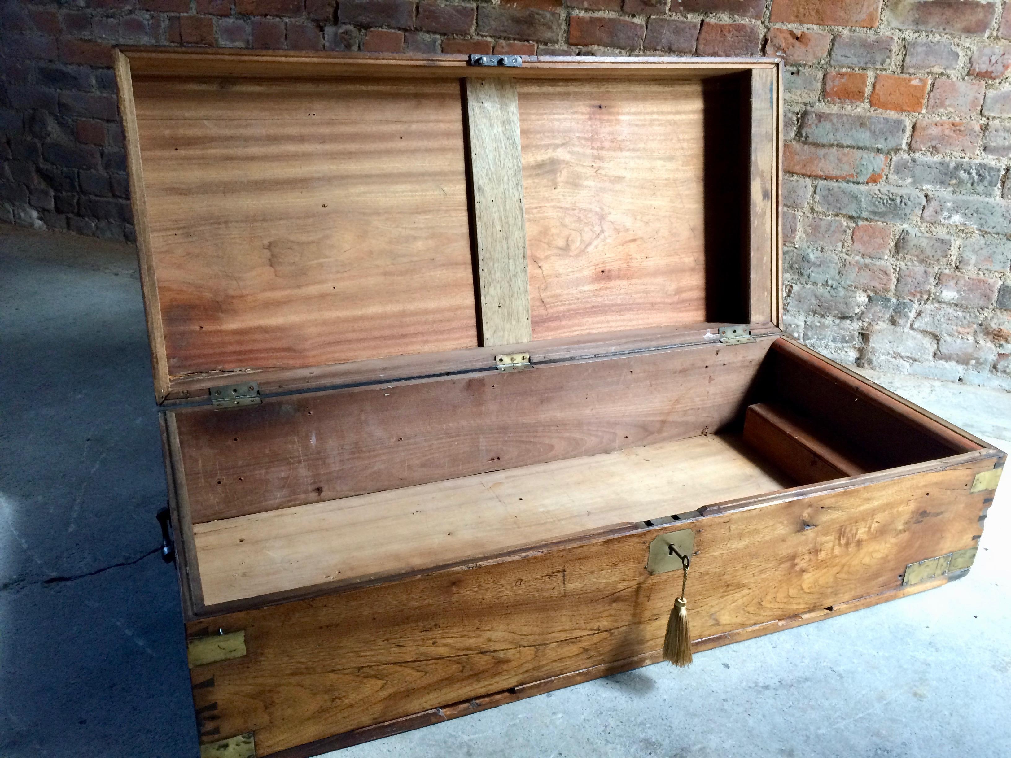 Large Antique Campaign Travel Trunk Chest Coffer Teak Victorian, 19th Century 1