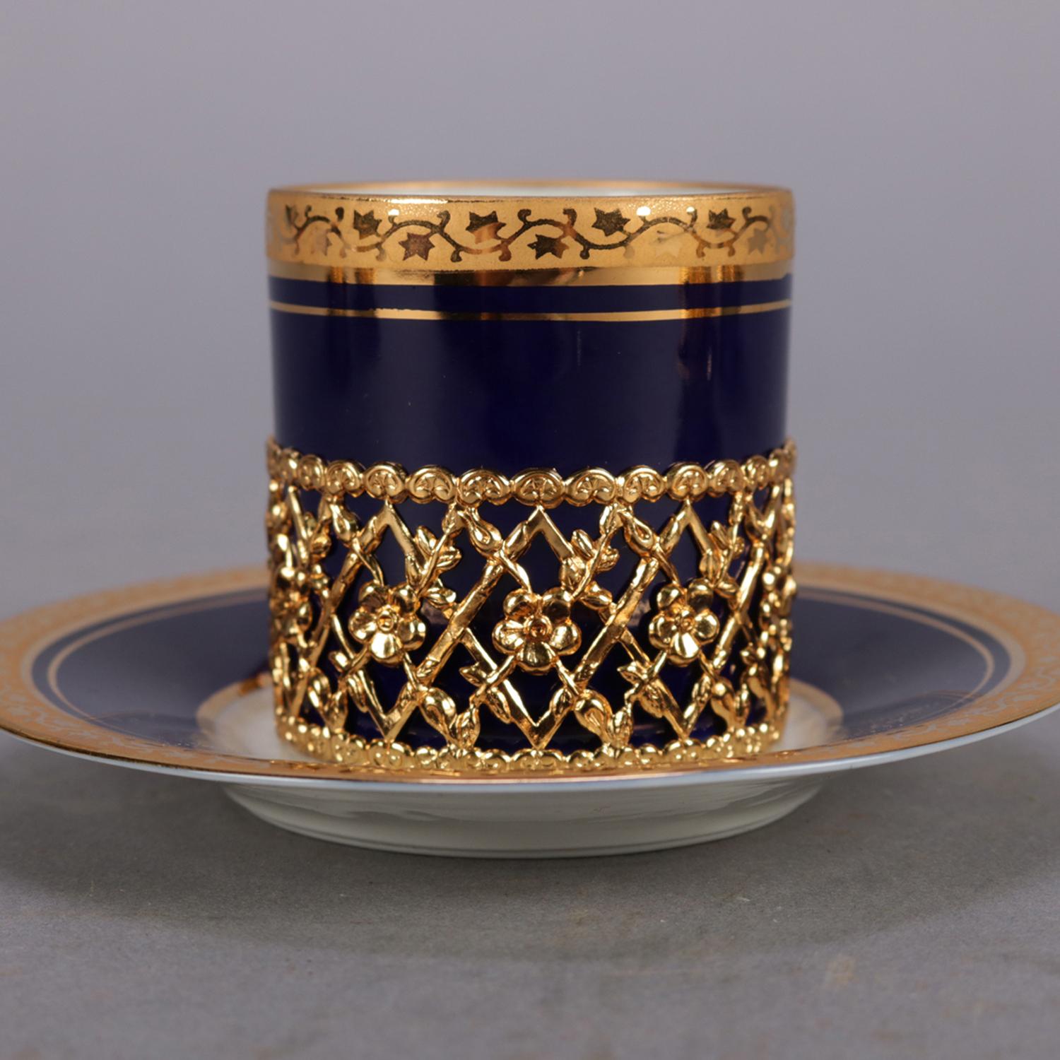 20th Century 6 French Limoges Cobalt Blue Fine Porcelain and Gilt Cup and Saucer Sets