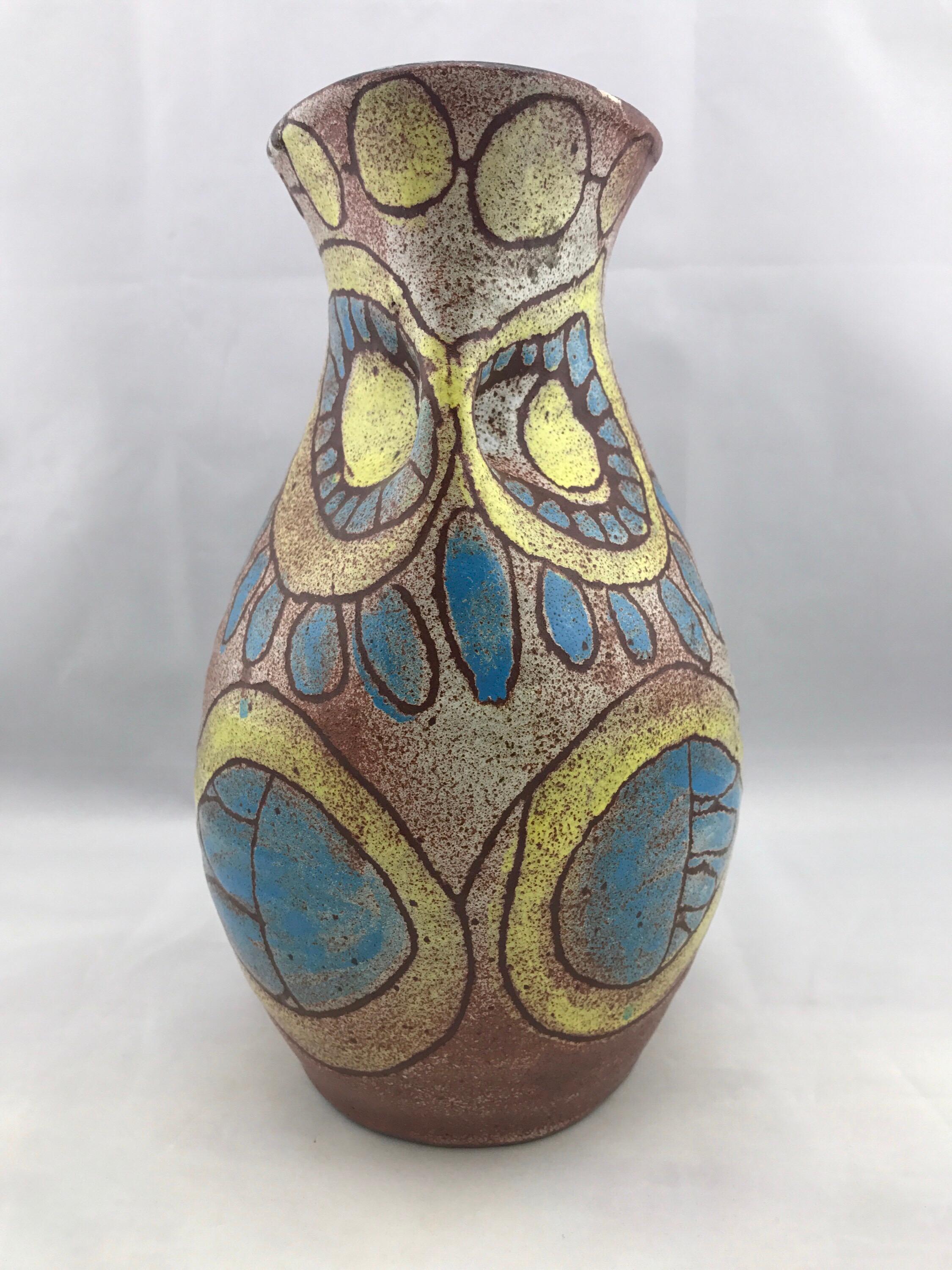 Mid-Century Modern French Vase by Accolay, Vintage Blue & Yellow Modernist Owl 2
