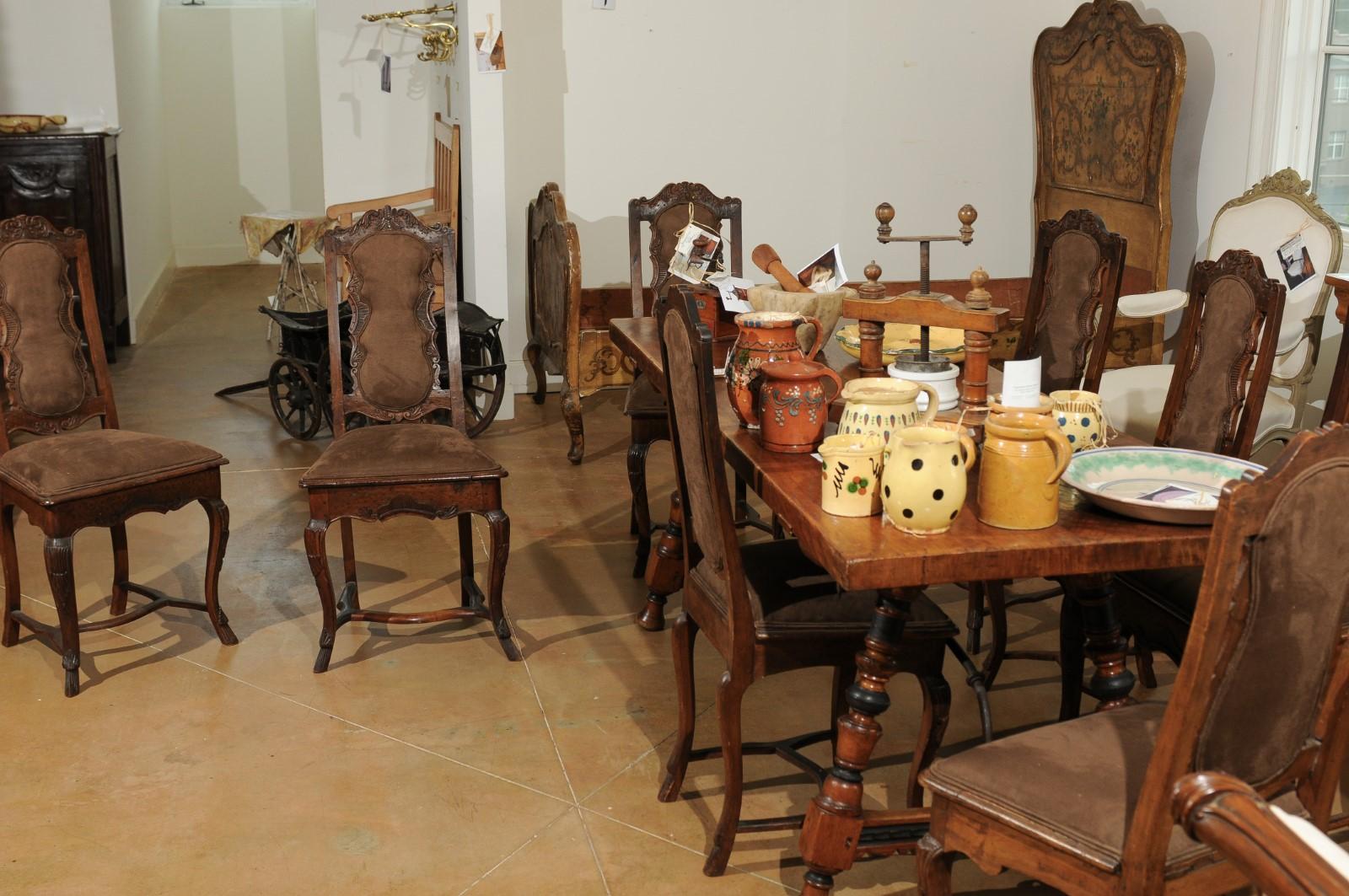 Italian 18th Century Roman Rococo Dining Room Side Chairs with Suede Upholstery 1