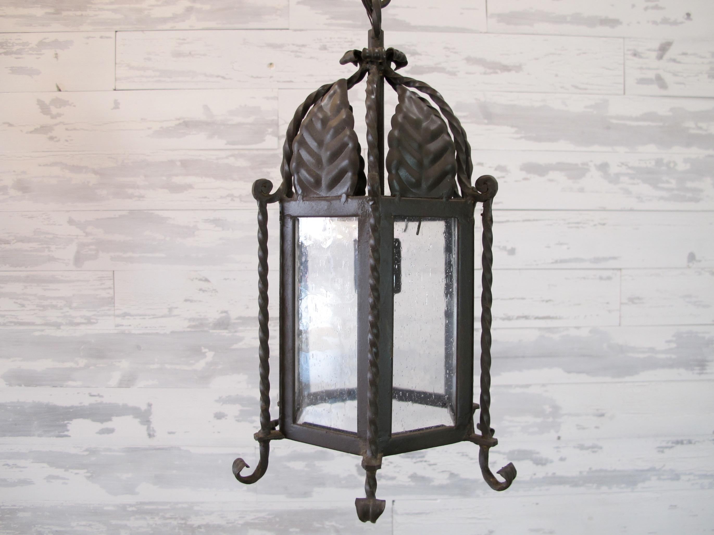 Pair of Small Forged Iron Lanterns with Seeded Glass For Sale 2