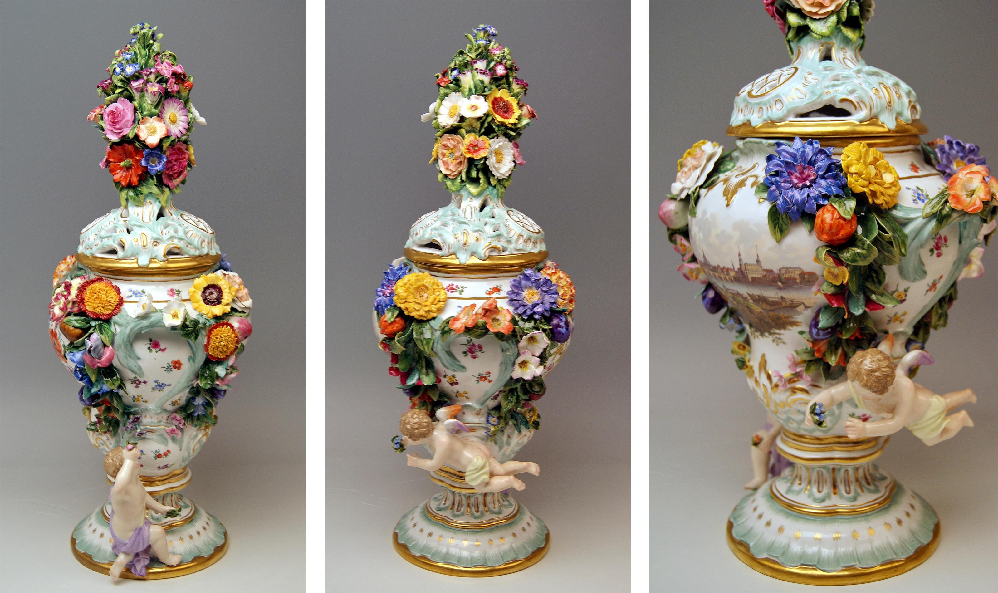 Meissen Two Potpourri Vases 2707 Painted Pictures Cherubs Flowers Kaendler 1870 1