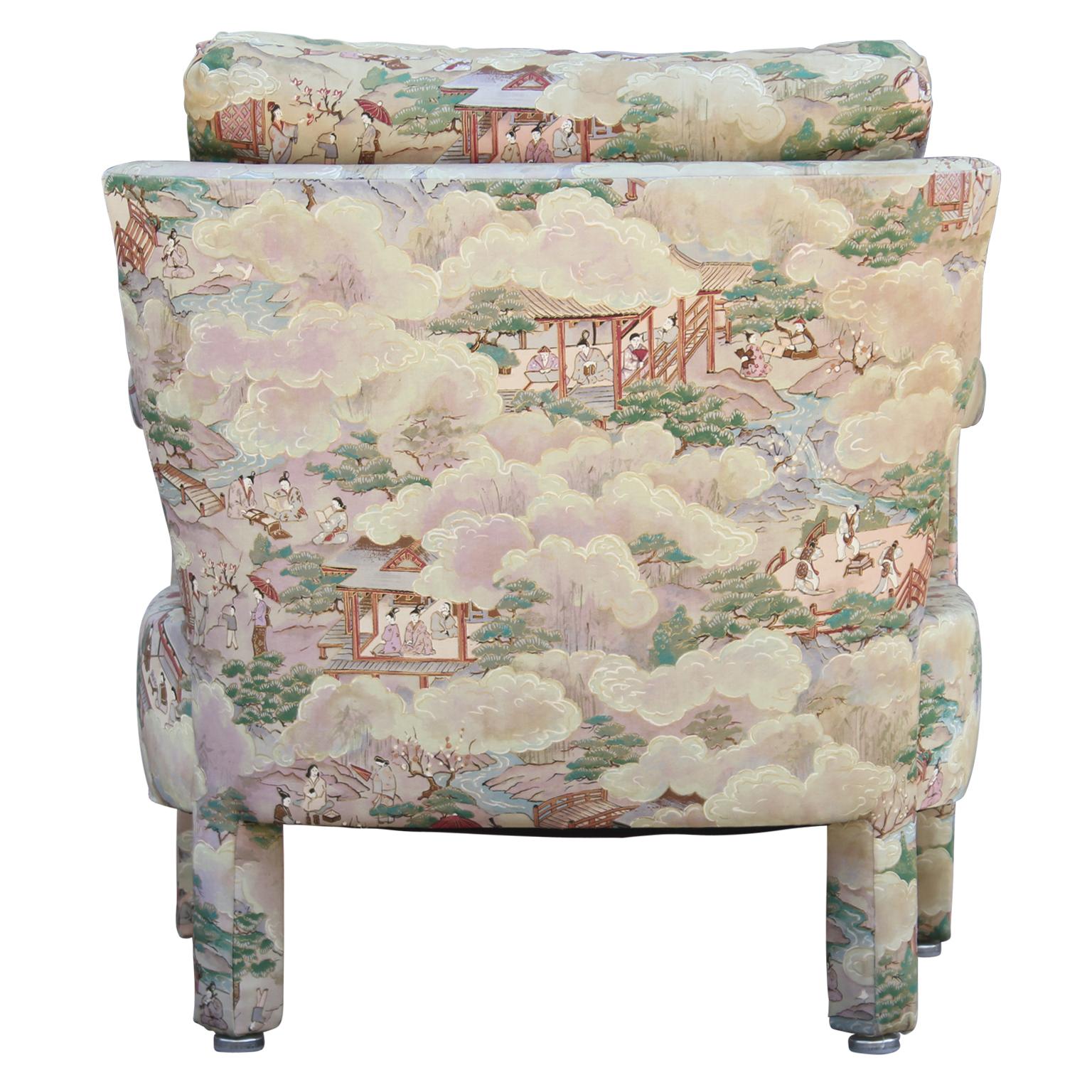 Set of Two Modern Barrel Back Lounge Chairs with Chinoiserie Landscape Fabric 3