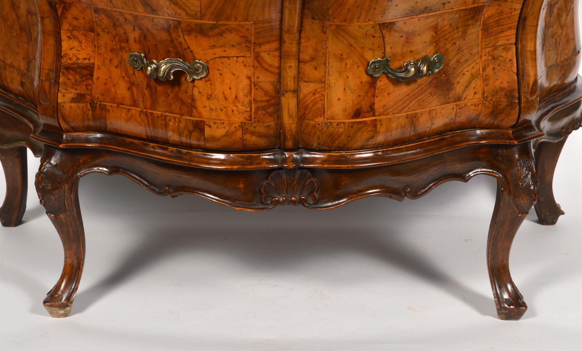 Early 20th Century Italian Sculptural Olive Wood Parquetry Bombe Commode 2