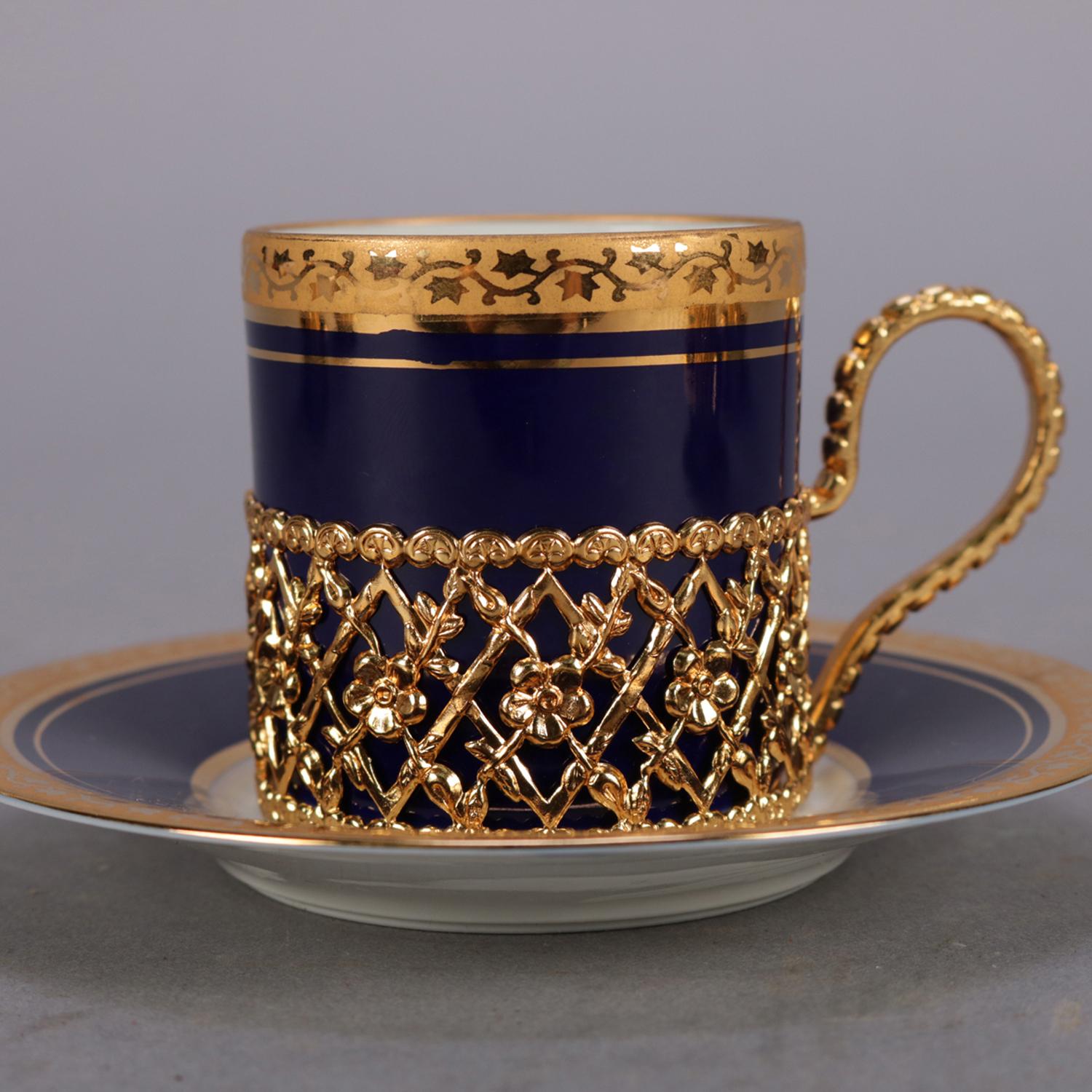 Metal 6 French Limoges Cobalt Blue Fine Porcelain and Gilt Cup and Saucer Sets