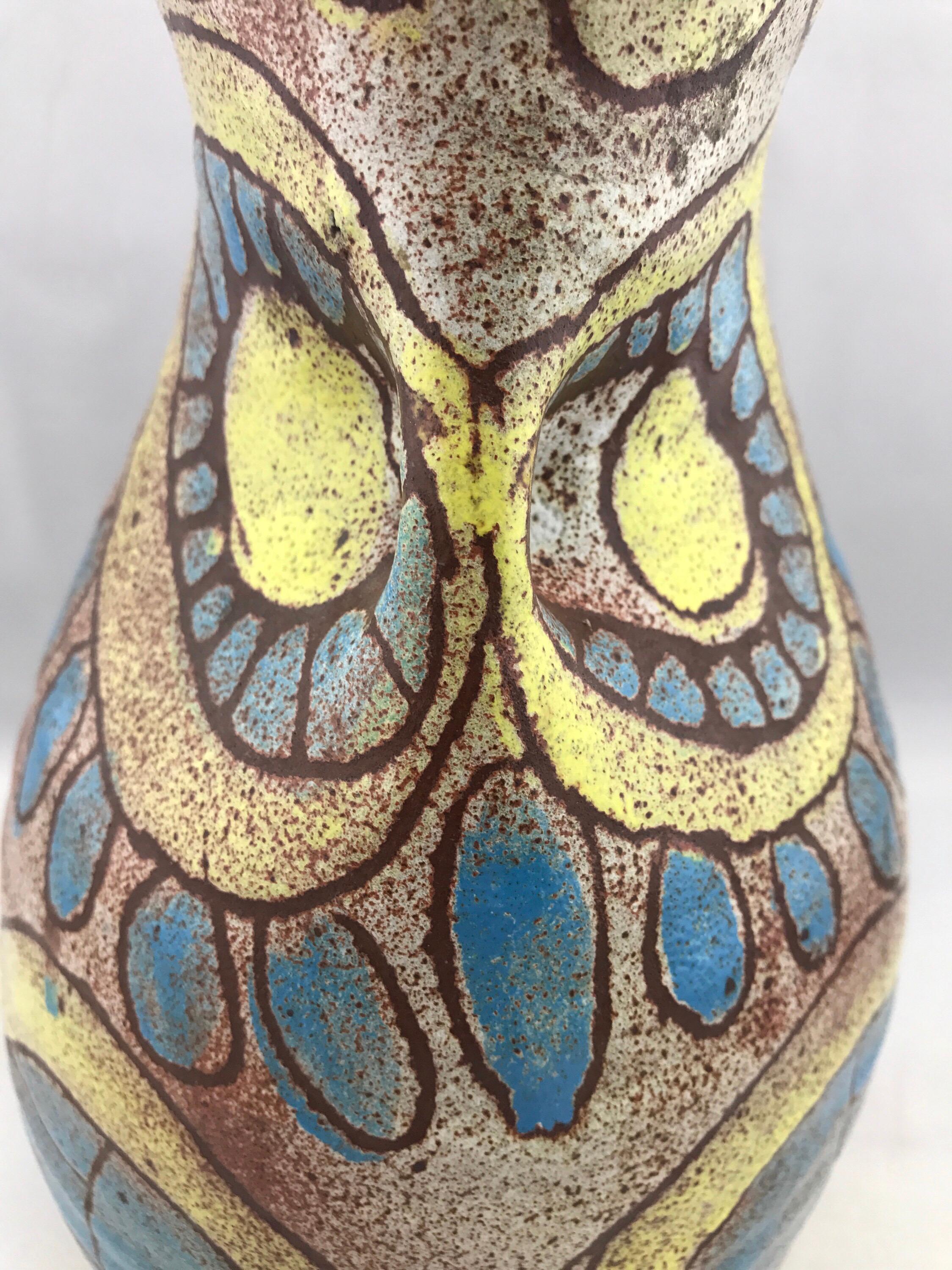 Mid-Century Modern French Vase by Accolay, Vintage Blue & Yellow Modernist Owl 3