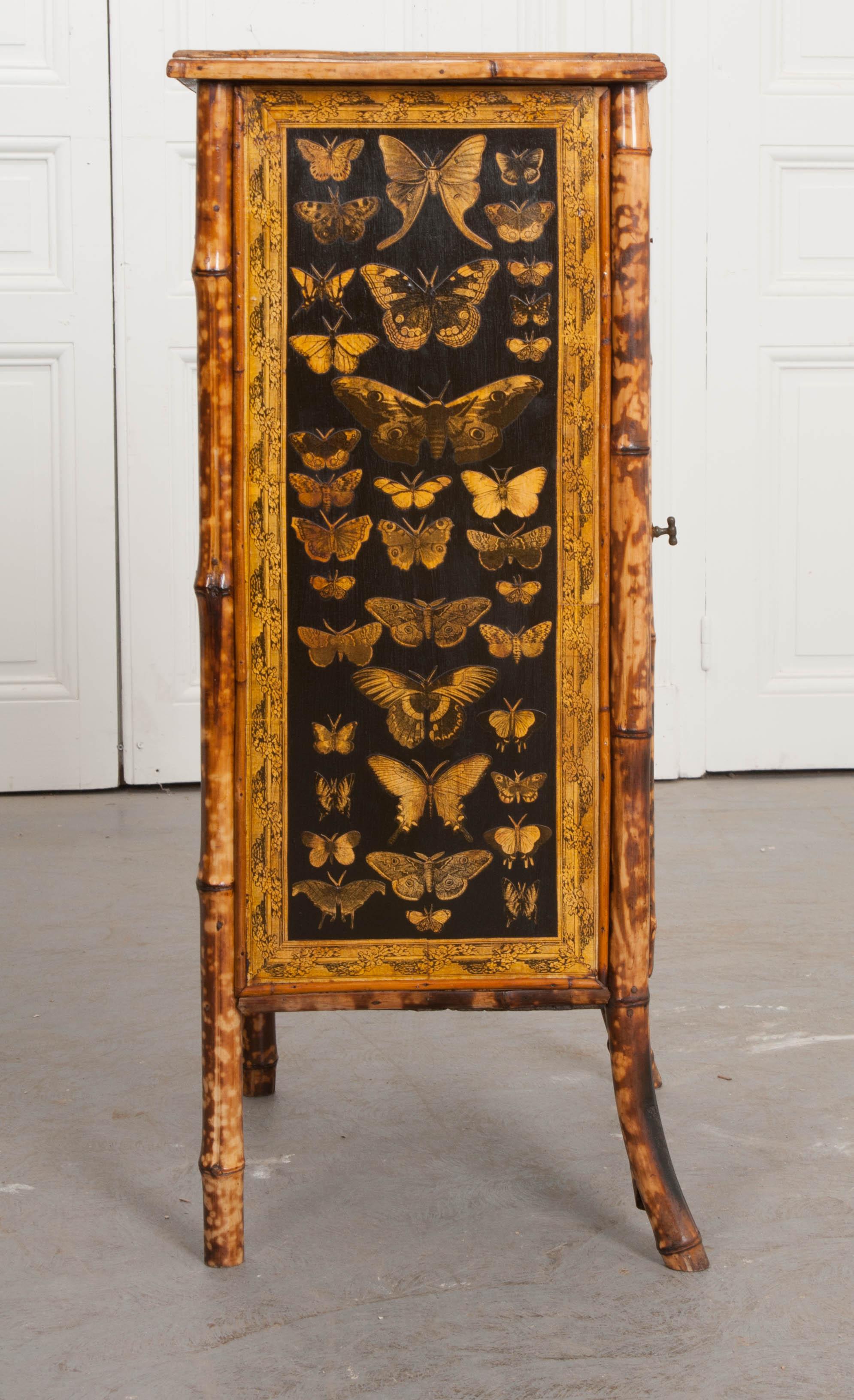English 19th Century Découpage Moth Bamboo Cabinet 3