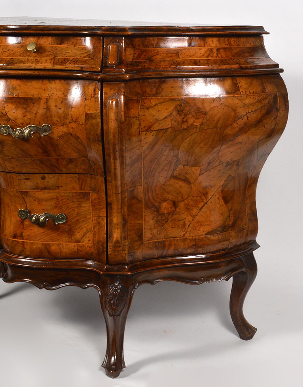 Early 20th Century Italian Sculptural Olive Wood Parquetry Bombe Commode 3