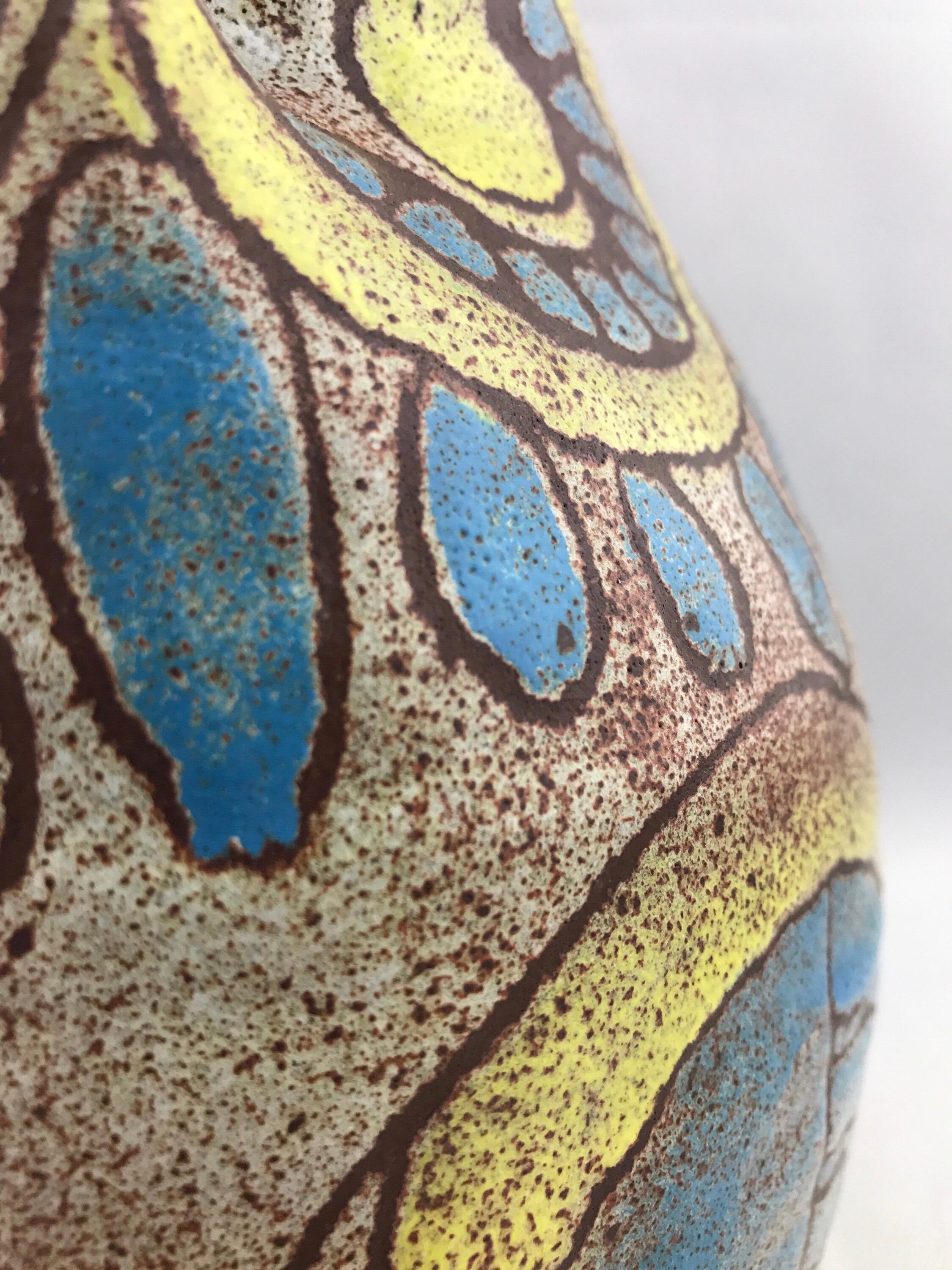 Mid-Century Modern French Vase by Accolay, Vintage Blue & Yellow Modernist Owl 4