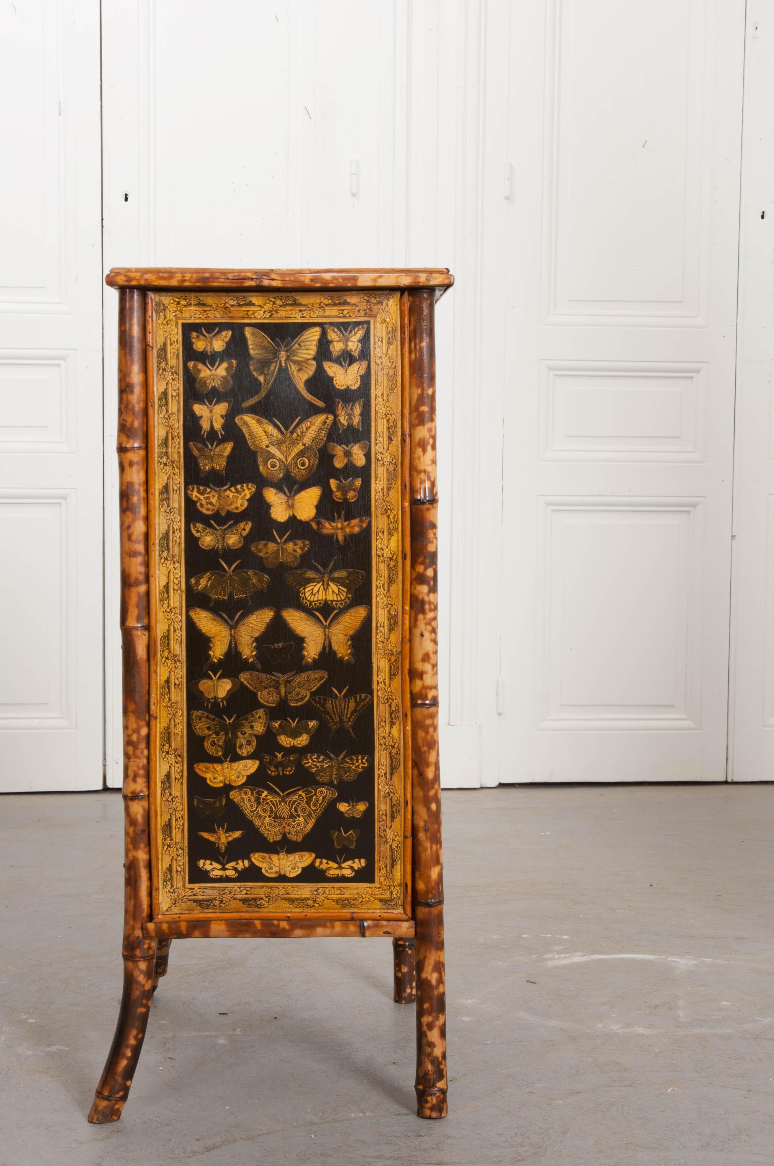 English 19th Century Découpage Moth Bamboo Cabinet 4