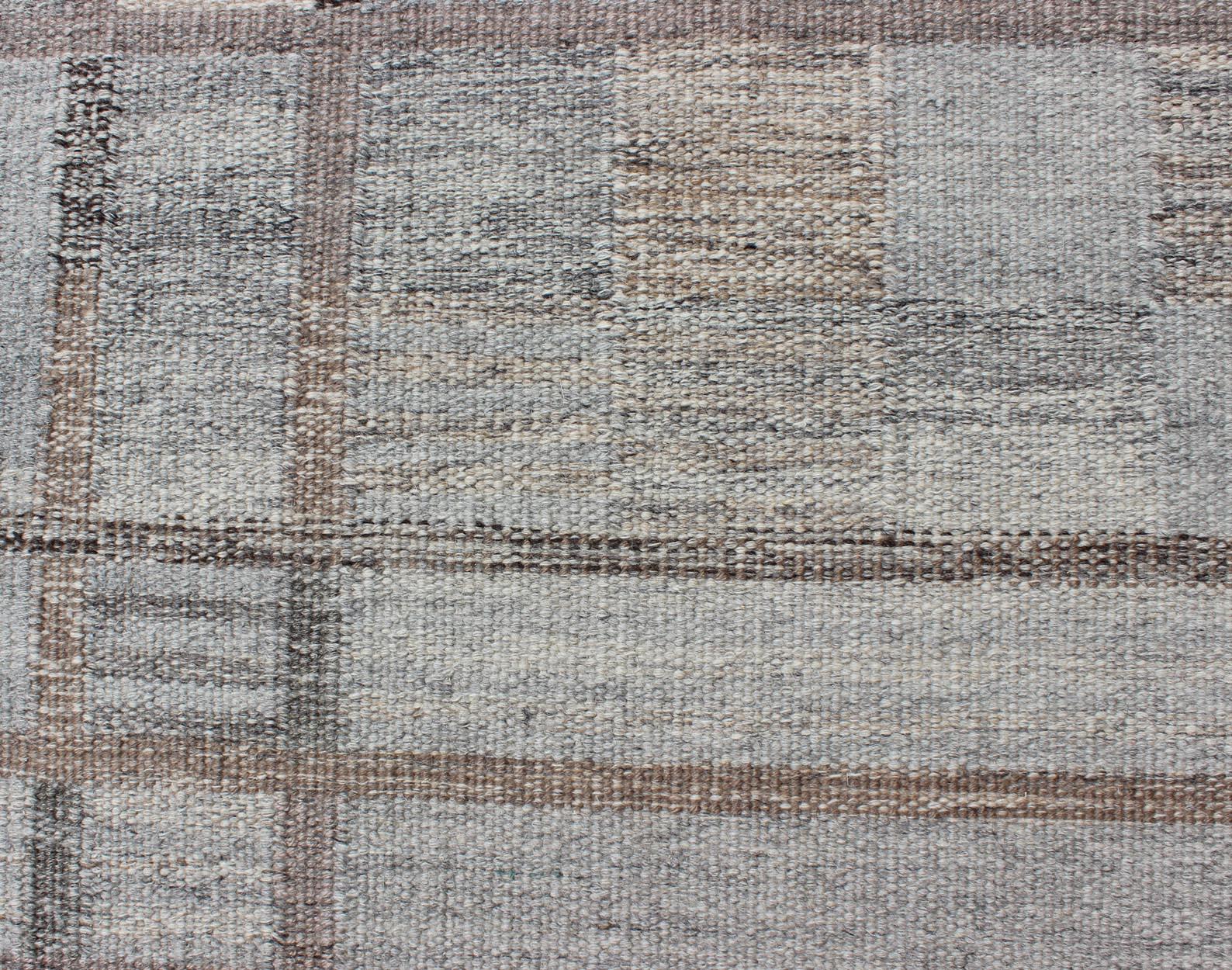 Wool Geometric Stripe Block Modern Scandinavian Flat-Weave Design Rug in Gray Tones For Sale