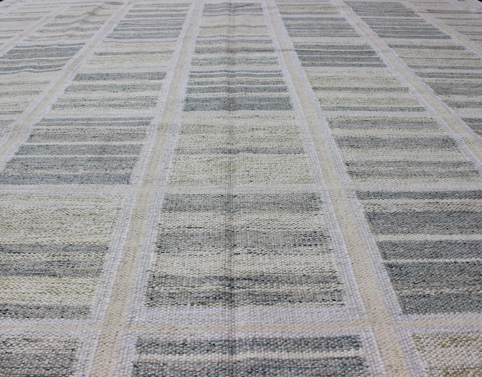 Wool Neutral Stripe Pattern Modern Scandinavian Flat-Weave Rug in Shades of Gray For Sale