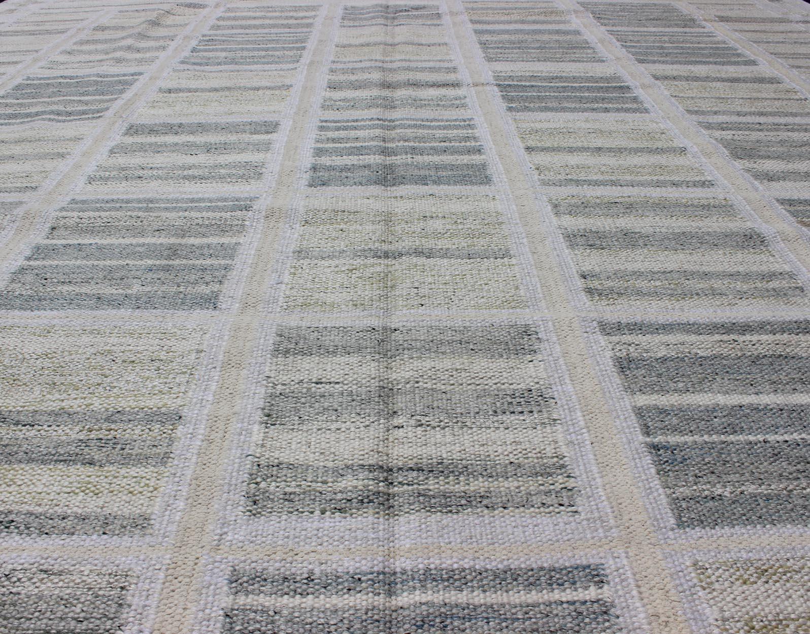 Wool Neutral Stripe Pattern Modern Scandinavian Flat-Weave Rug by Keivan Woven Arts For Sale