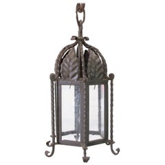 Pair of Small Forged Iron Lanterns with Seeded Glass