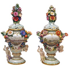 Meissen Two Potpourri Vases 2707 Painted Pictures Cherubs Flowers Kaendler 1870