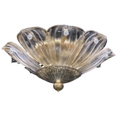 Mid-Century Modern Italian Leaf Clear & Gold Murano Glass Flush Mount Chandelier