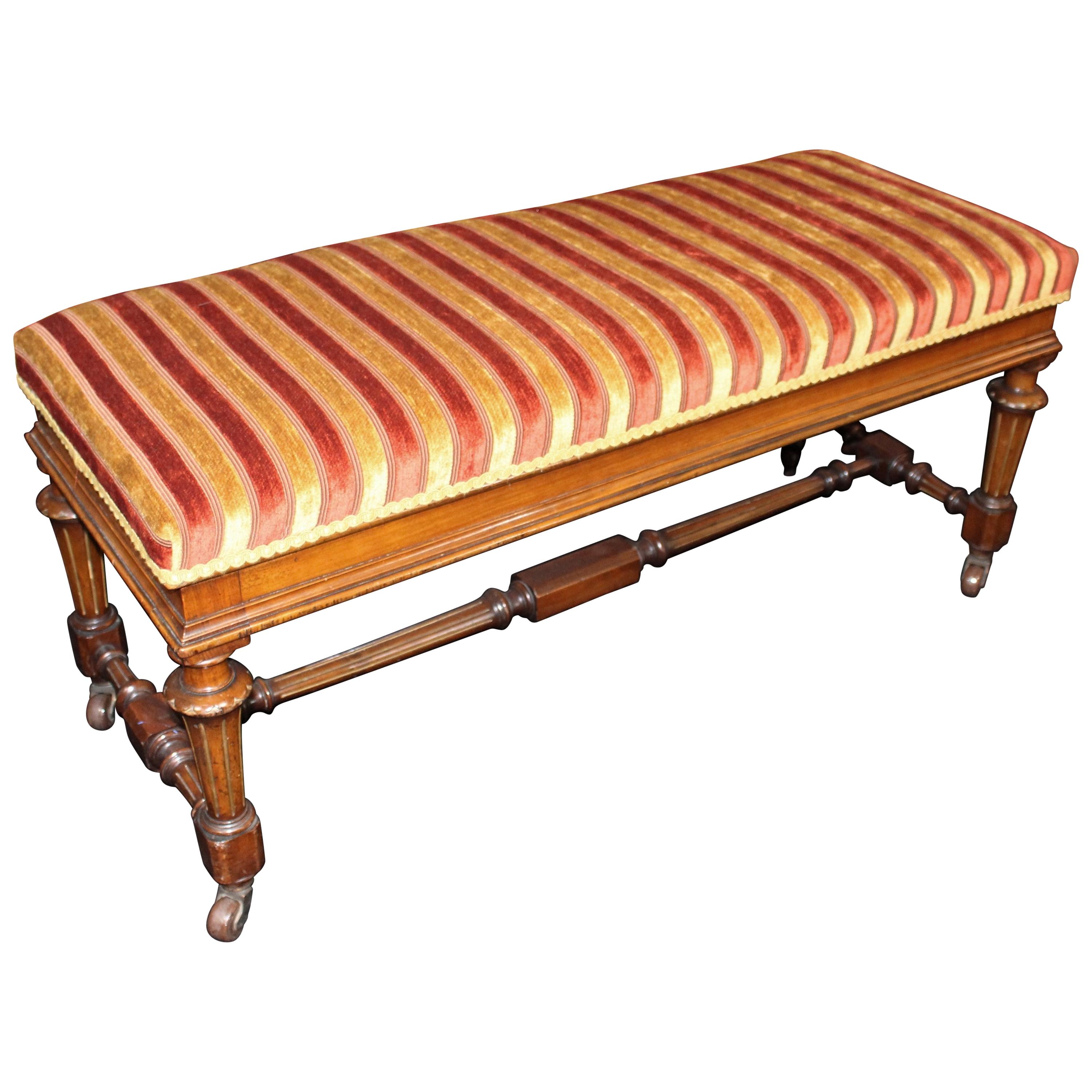 Fine Antique Striped Upholstered Walnut and Gilt Duet Stool