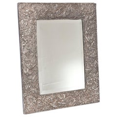 Repoussé Flowers and Birds Sterling Silver Framed Table Vanity Mirror