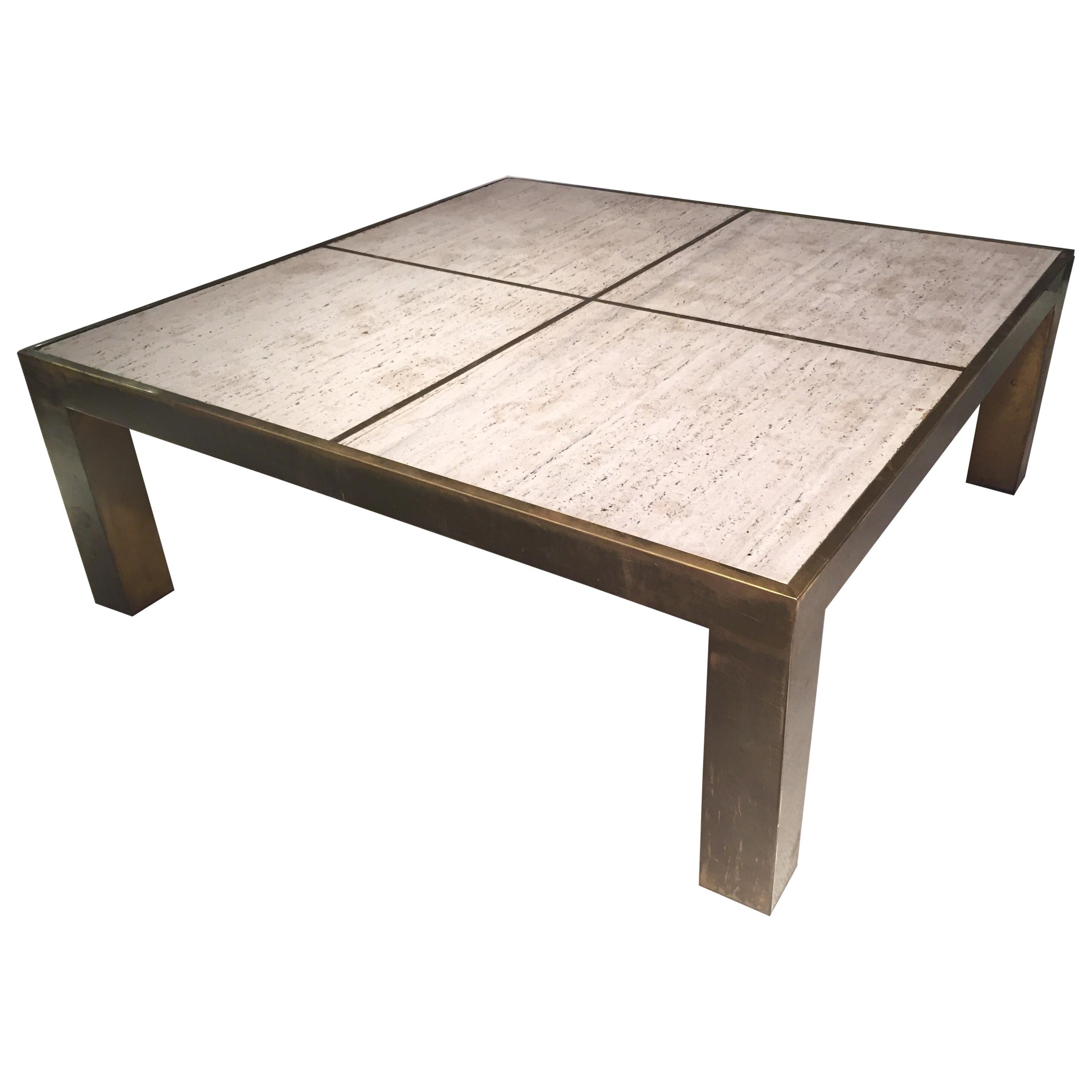 1970s Brass Coffee Table and Travertine Top