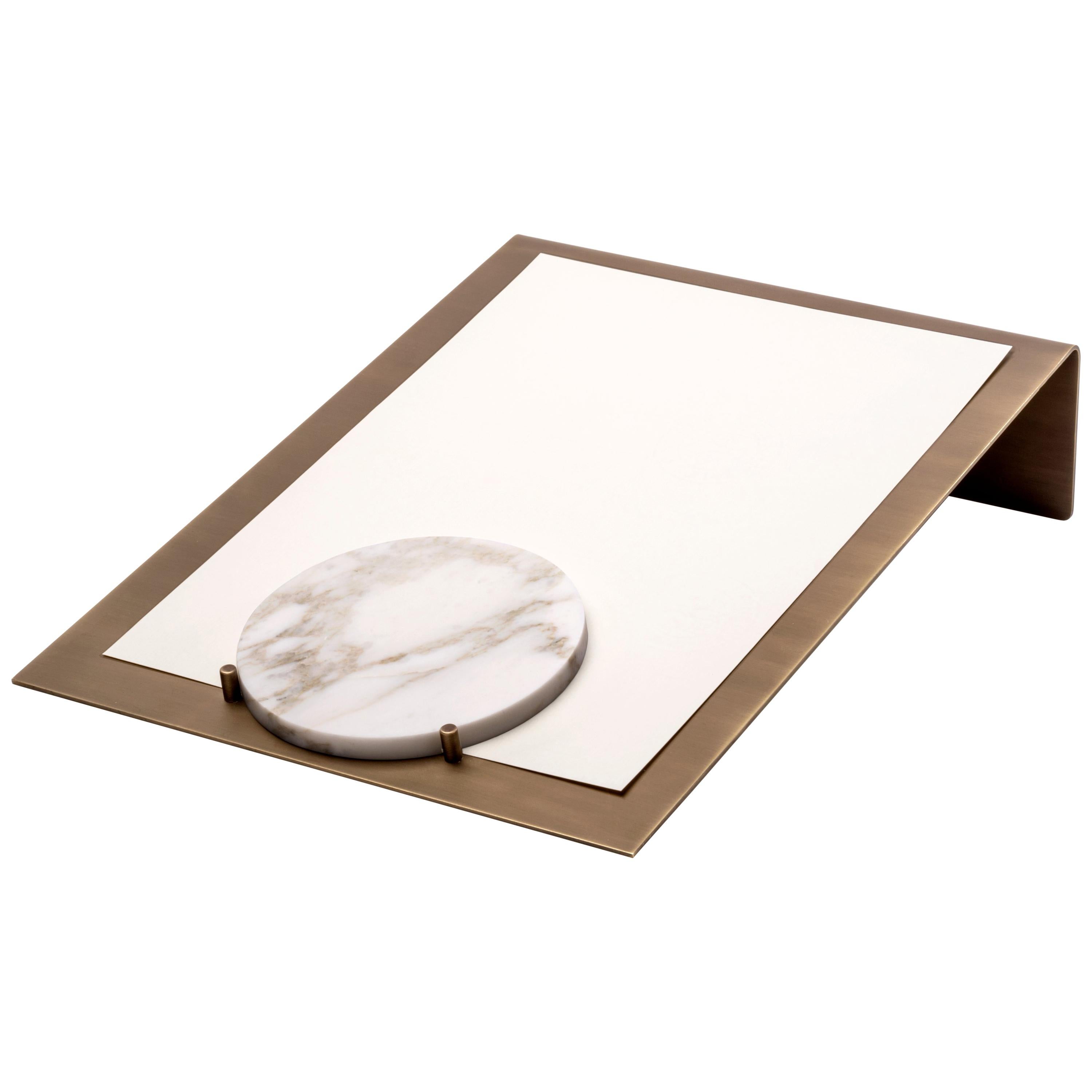 Document holder in burnished brass and Calacatta Vagli marble. Designed by Studiocharlie for Salvatori, the Balancing series of desktop accessories combines brass and natural stone for a fresh take on traditional decorative objects. Perfect as a