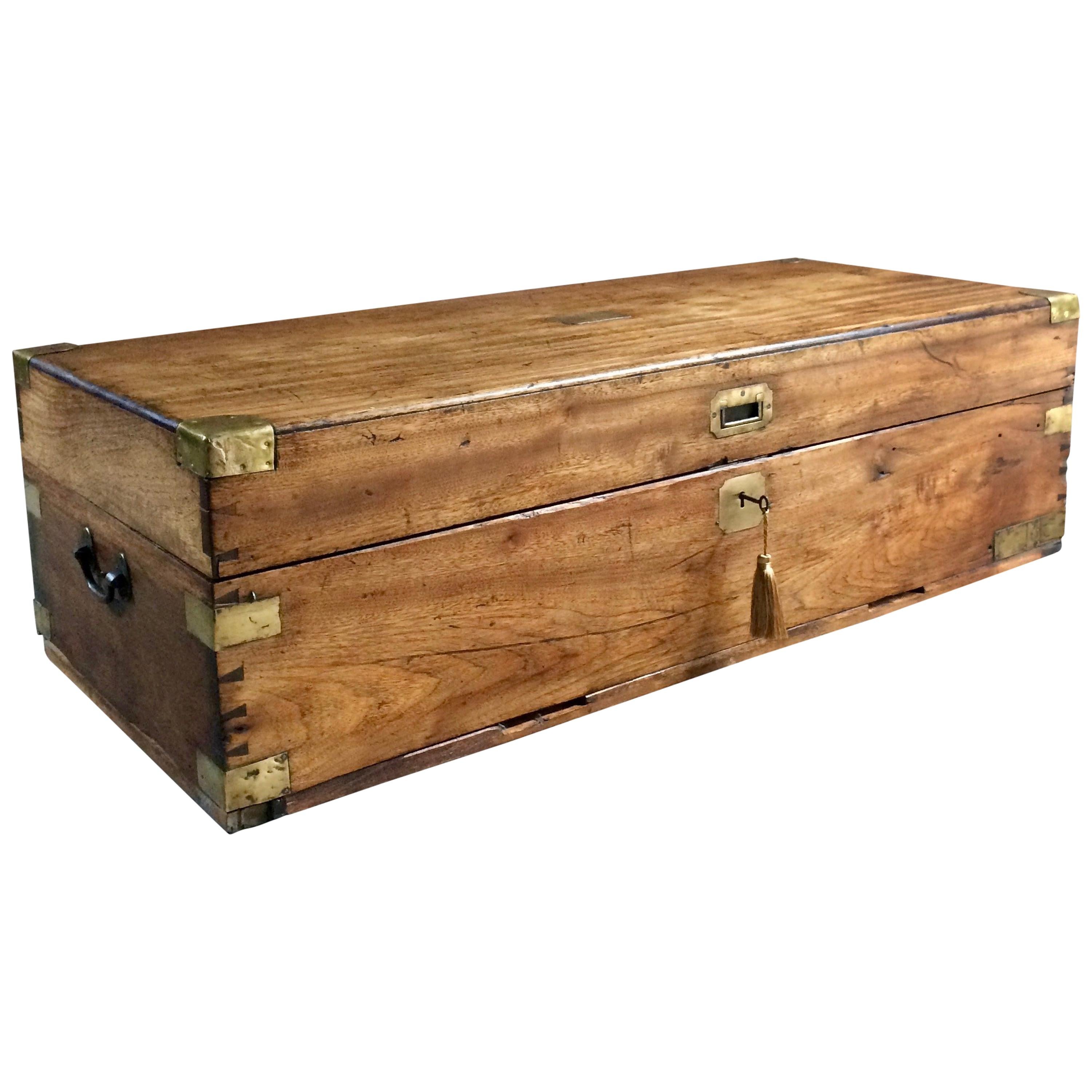 Large Antique Campaign Travel Trunk Chest Coffer Teak Victorian, 19th Century