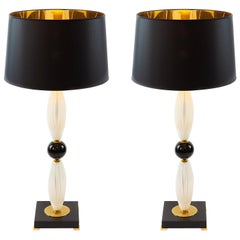 Pair of Italian Table Lamps in Opaline and Black Murano Glass