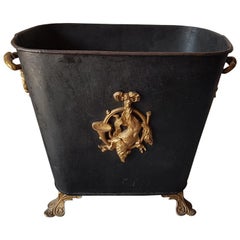 19th Century Dutch Metal Log Bin with Gold Colored Ornaments 19th Century Dutch Metal Log Bin with Gold Colored Ornaments