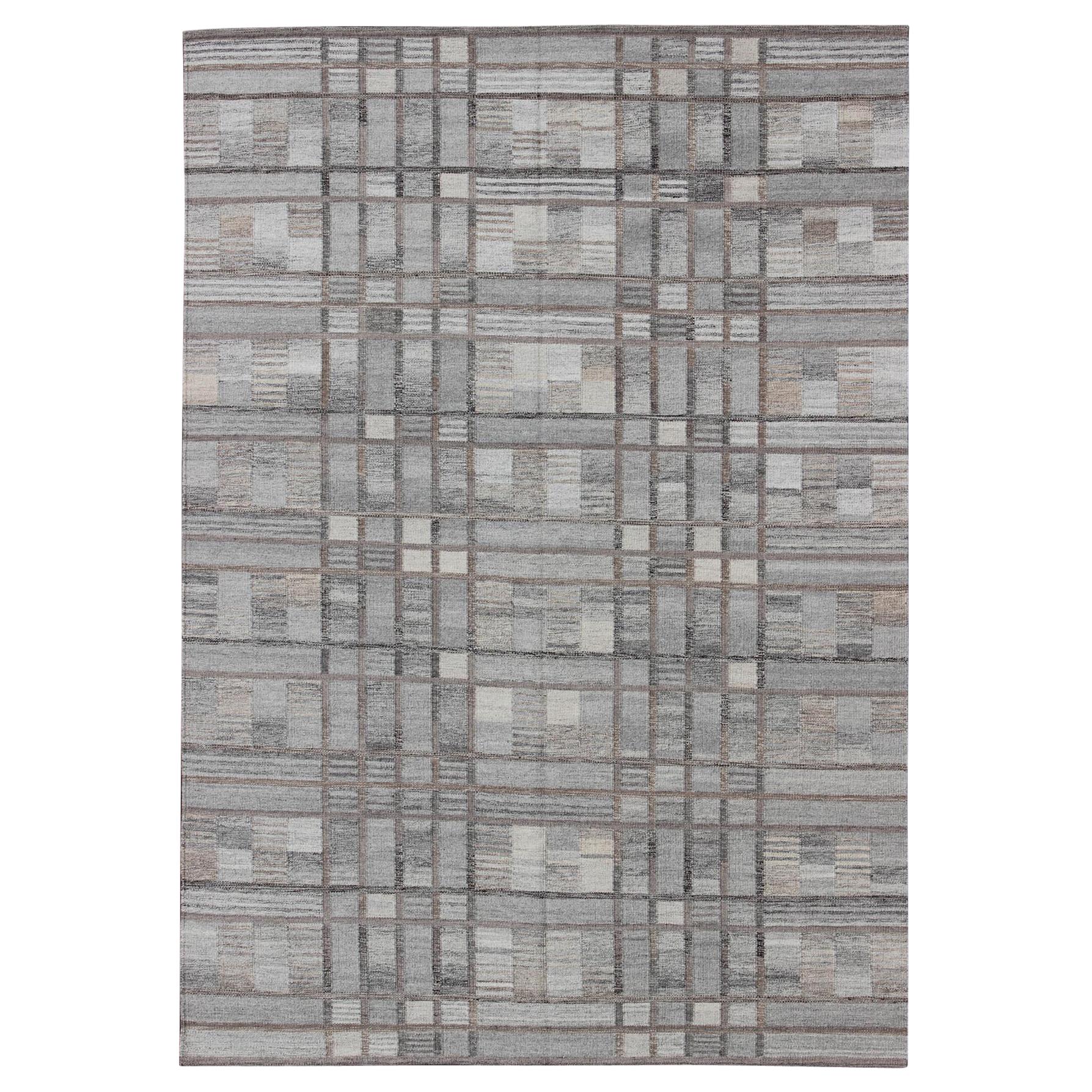 Geometric Stripe Block Modern Scandinavian Flat-Weave Design Rug in Gray Tones For Sale