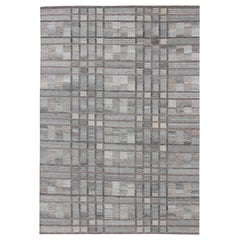 Geometric Stripe Block Modern Scandinavian Flat-Weave Design Rug in Gray Tones