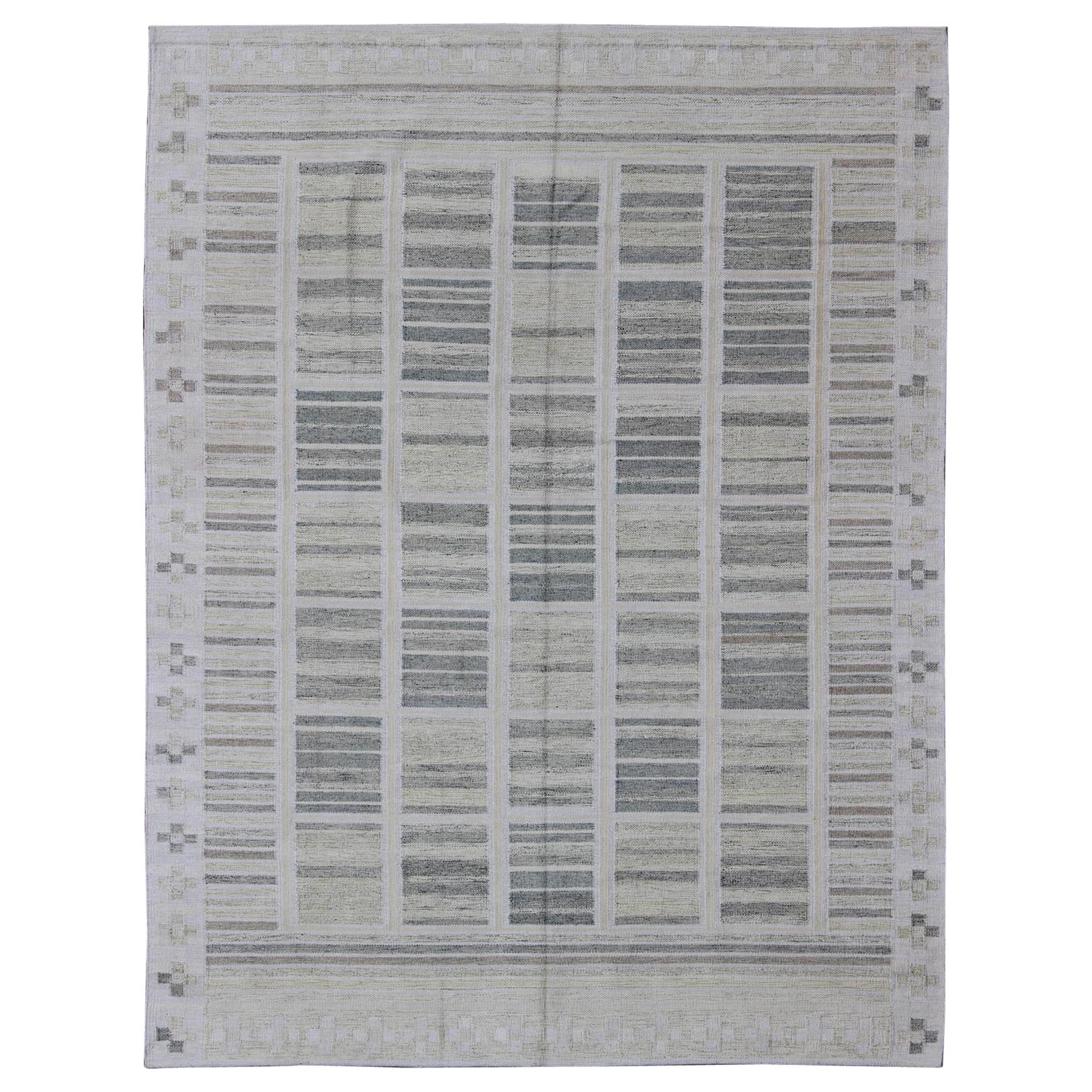Neutral Stripe Pattern Modern Scandinavian Flat-Weave Rug in Shades of Gray For Sale
